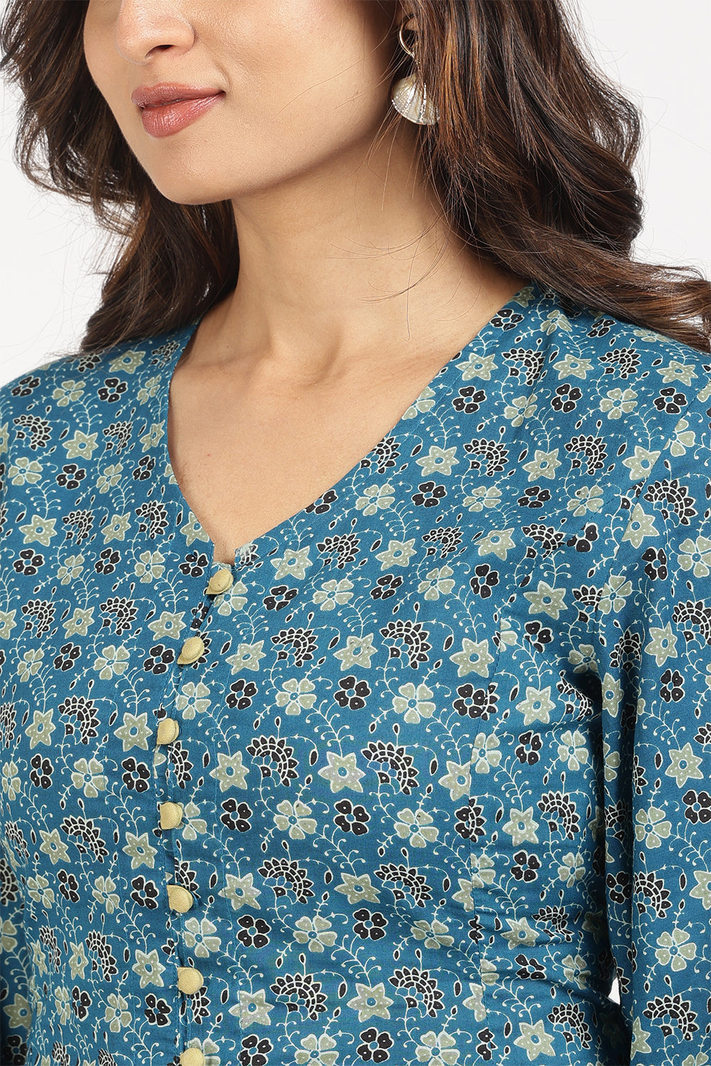 Mythri Women’s Corsetted Back Cotton Top | Floral Print Crop Top with Bishop Sleeves & Lace-Up Back - TO45