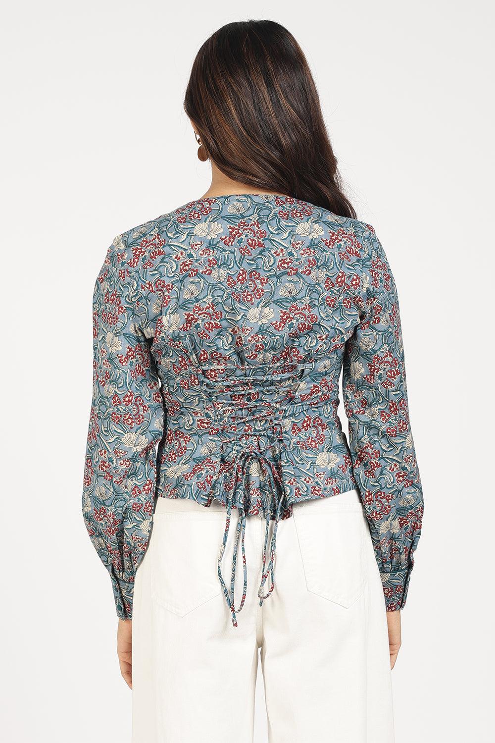 Mythri Women’s Corsetted Back Cotton Top | Floral Print Crop Top with Bishop Sleeves & Lace-Up Back - TO45