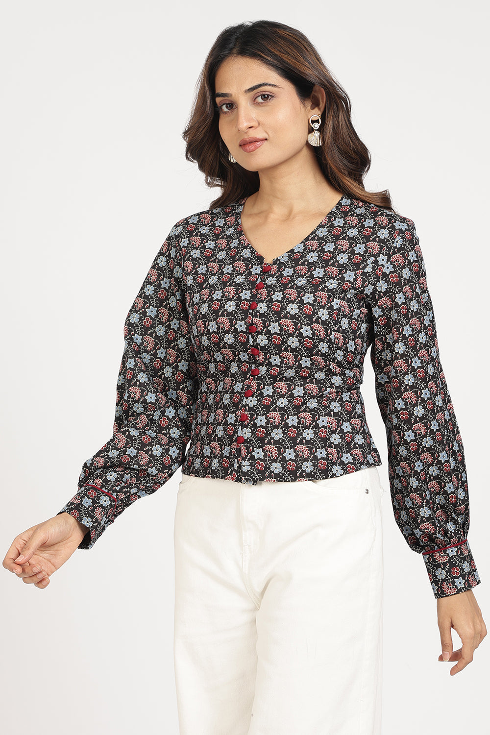 Mythri Women’s Corsetted Back Cotton Top | Floral Print Crop Top with Bishop Sleeves & Lace-Up Back - TO45