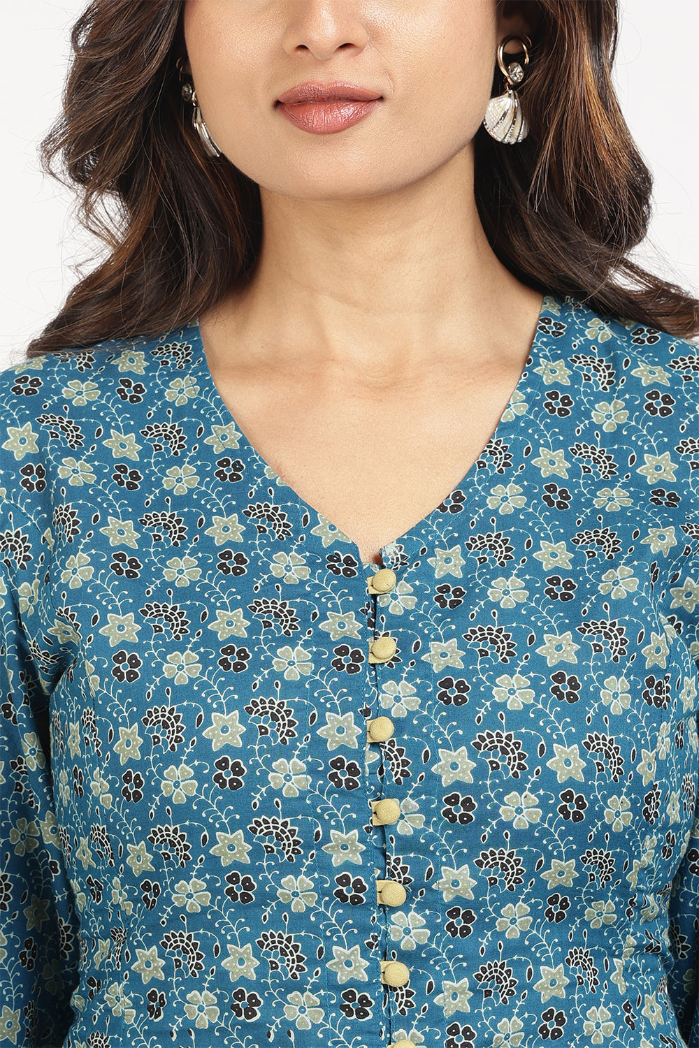 Mythri Women’s Corsetted Back Cotton Top | Floral Print Crop Top with Bishop Sleeves & Lace-Up Back - TO45