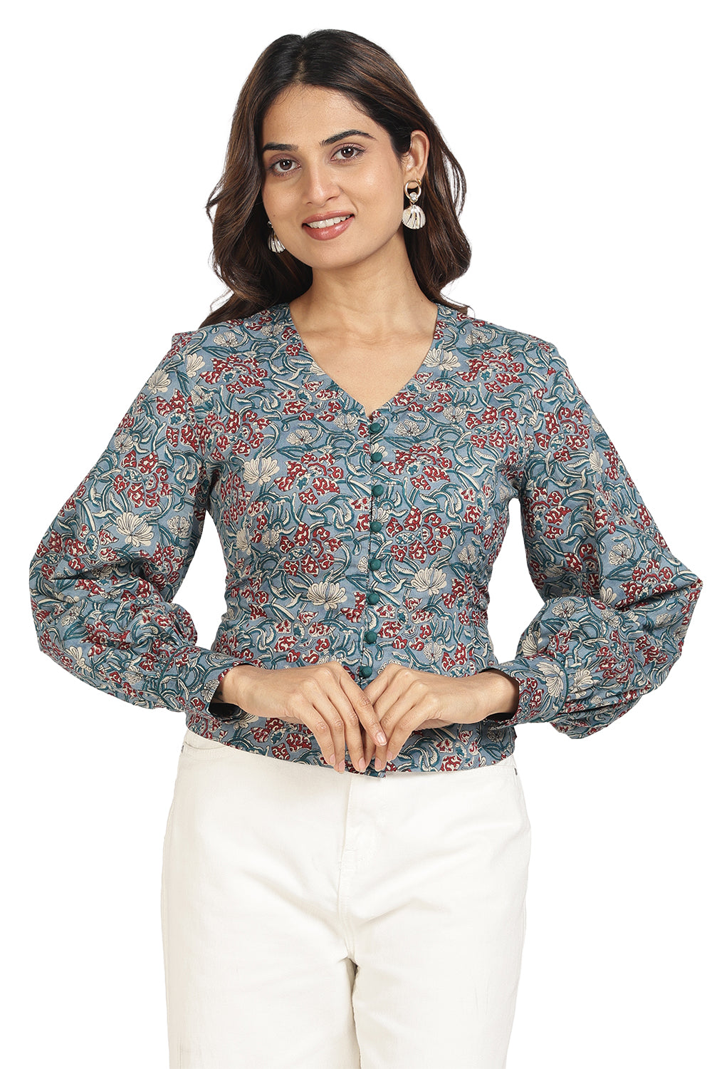 Mythri Women’s Corsetted Back Cotton Top | Floral Print Crop Top with Bishop Sleeves & Lace-Up Back - TO45