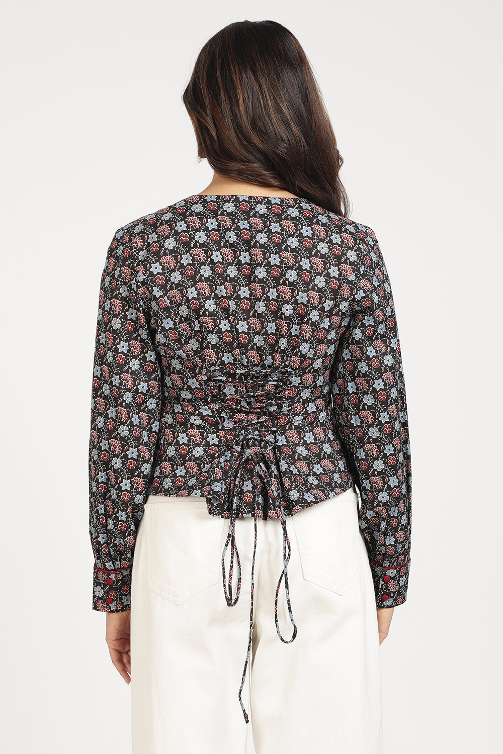 Mythri Women’s Corsetted Back Cotton Top | Floral Print Crop Top with Bishop Sleeves & Lace-Up Back - TO45