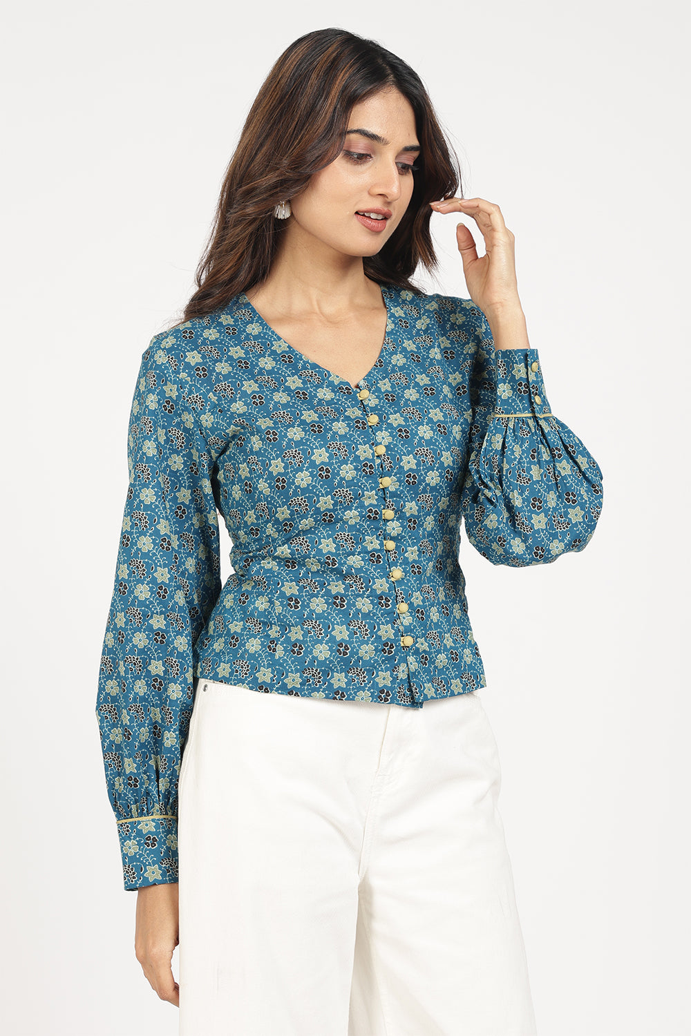 Mythri Women’s Corsetted Back Cotton Top | Floral Print Crop Top with Bishop Sleeves & Lace-Up Back - TO45