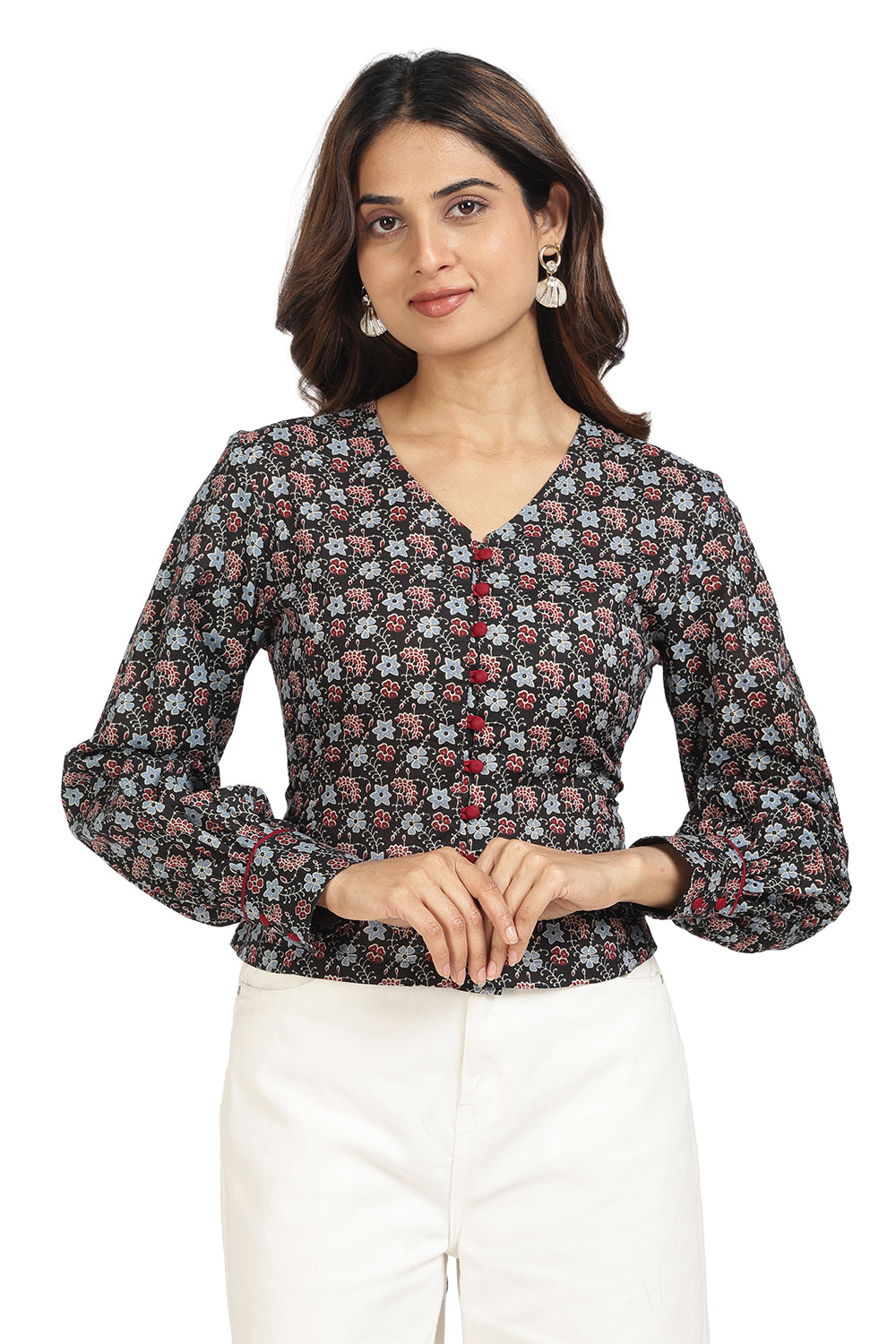 Mythri Women’s Corsetted Back Cotton Top | Floral Print Crop Top with Bishop Sleeves & Lace-Up Back - TO45