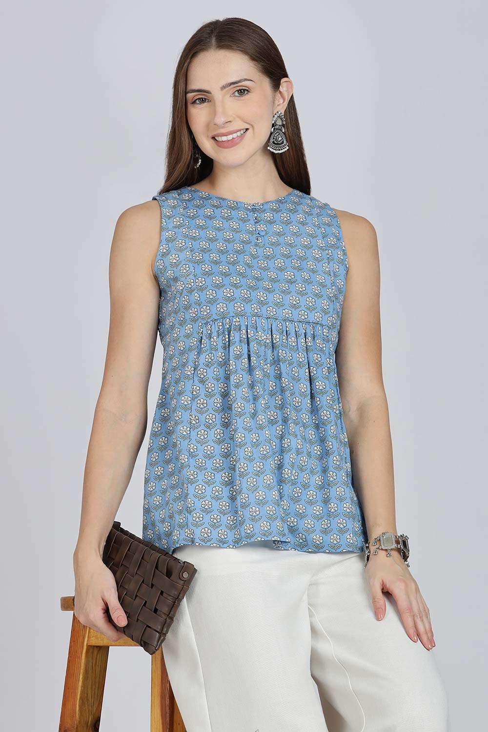 Mythri Women’s Cotton A-Line Casual Top | Floral Butta Print Sleeveless Top with Potli Button V-Slit Neck - TO37