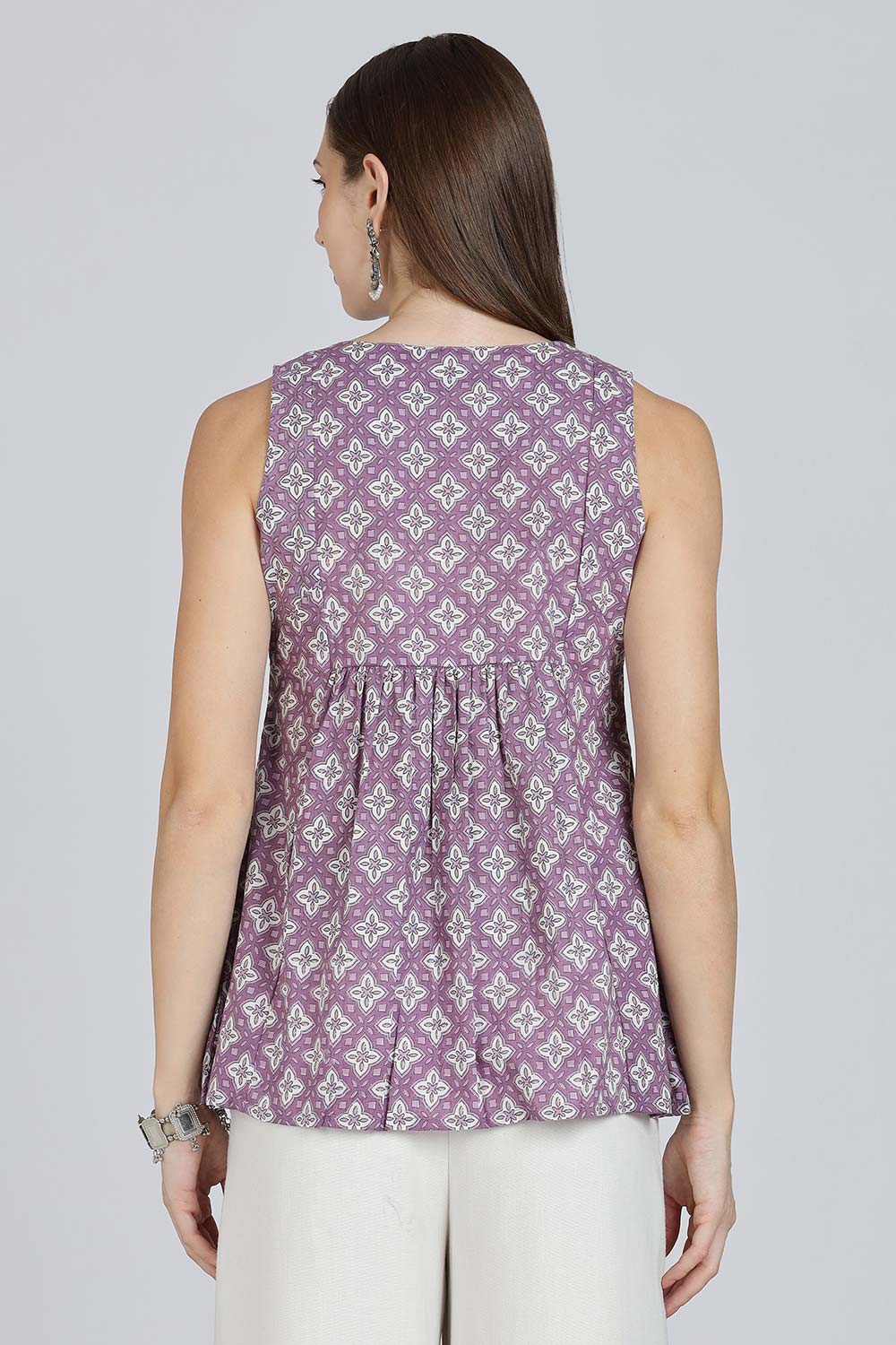 Mythri Women’s Cotton A-Line Casual Top | Floral Butta Print Sleeveless Top with Potli Button V-Slit Neck - TO37