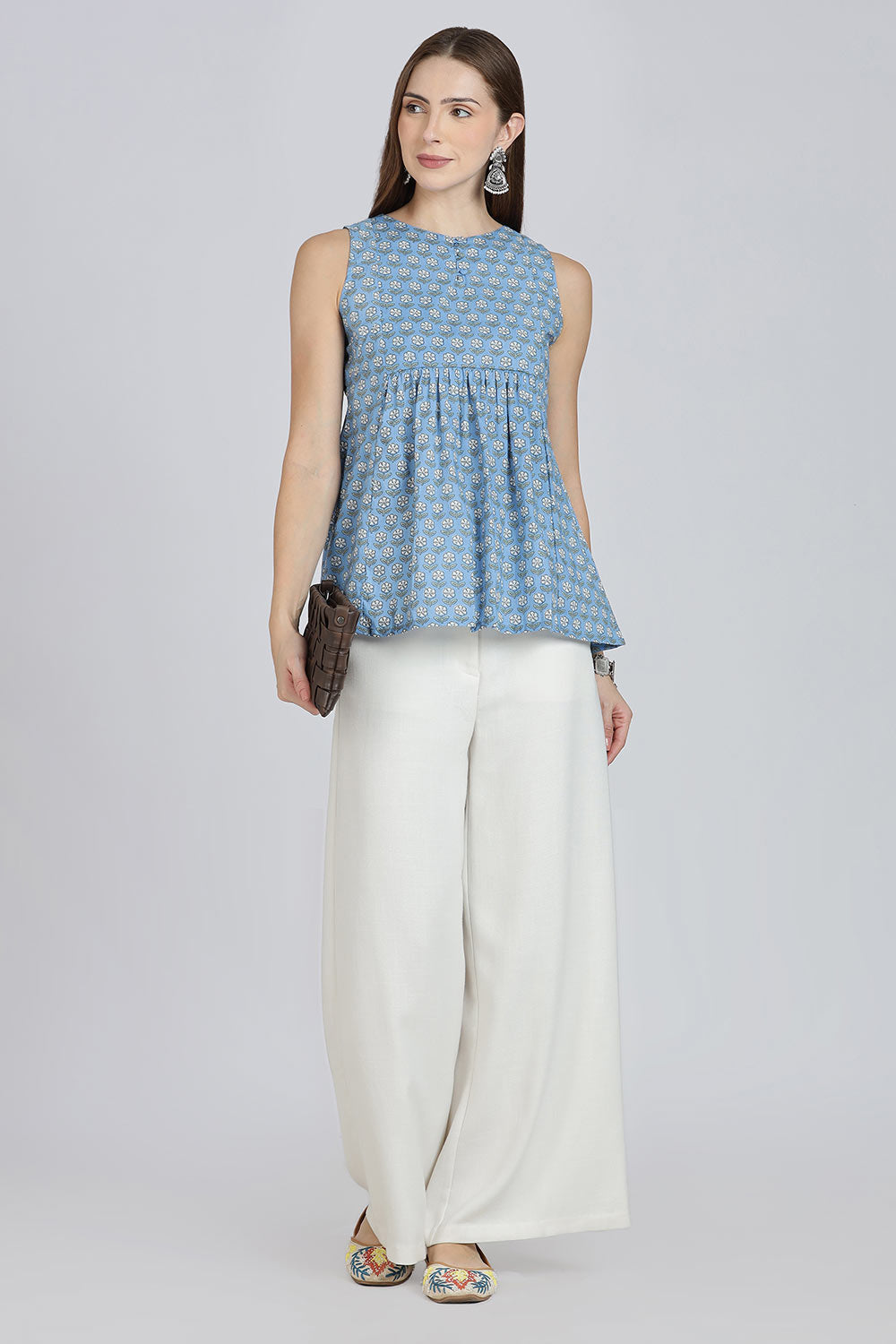 Mythri Women’s Cotton A-Line Casual Top | Floral Butta Print Sleeveless Top with Potli Button V-Slit Neck - TO37