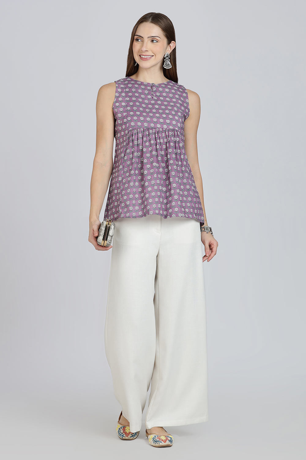 Mythri Women’s Cotton A-Line Casual Top | Floral Butta Print Sleeveless Top with Potli Button V-Slit Neck - TO37
