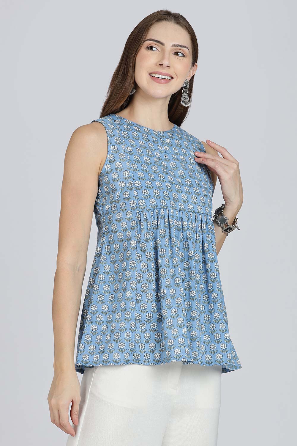 Mythri Women’s Cotton A-Line Casual Top | Floral Butta Print Sleeveless Top with Potli Button V-Slit Neck - TO37