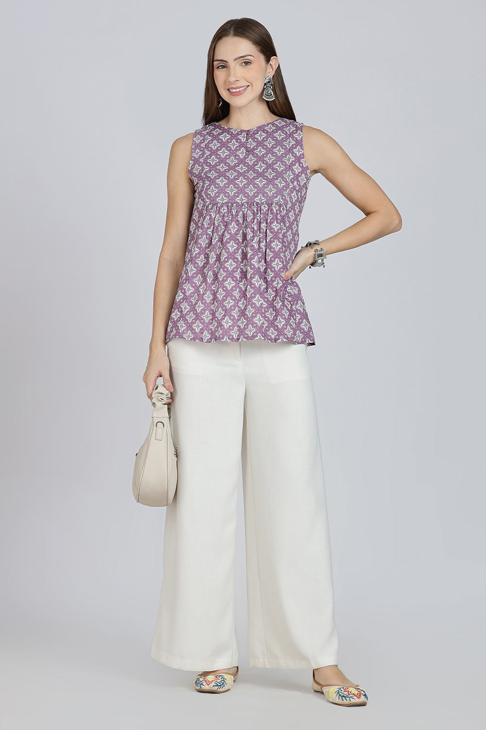 Mythri Women’s Cotton A-Line Casual Top | Floral Butta Print Sleeveless Top with Potli Button V-Slit Neck - TO37