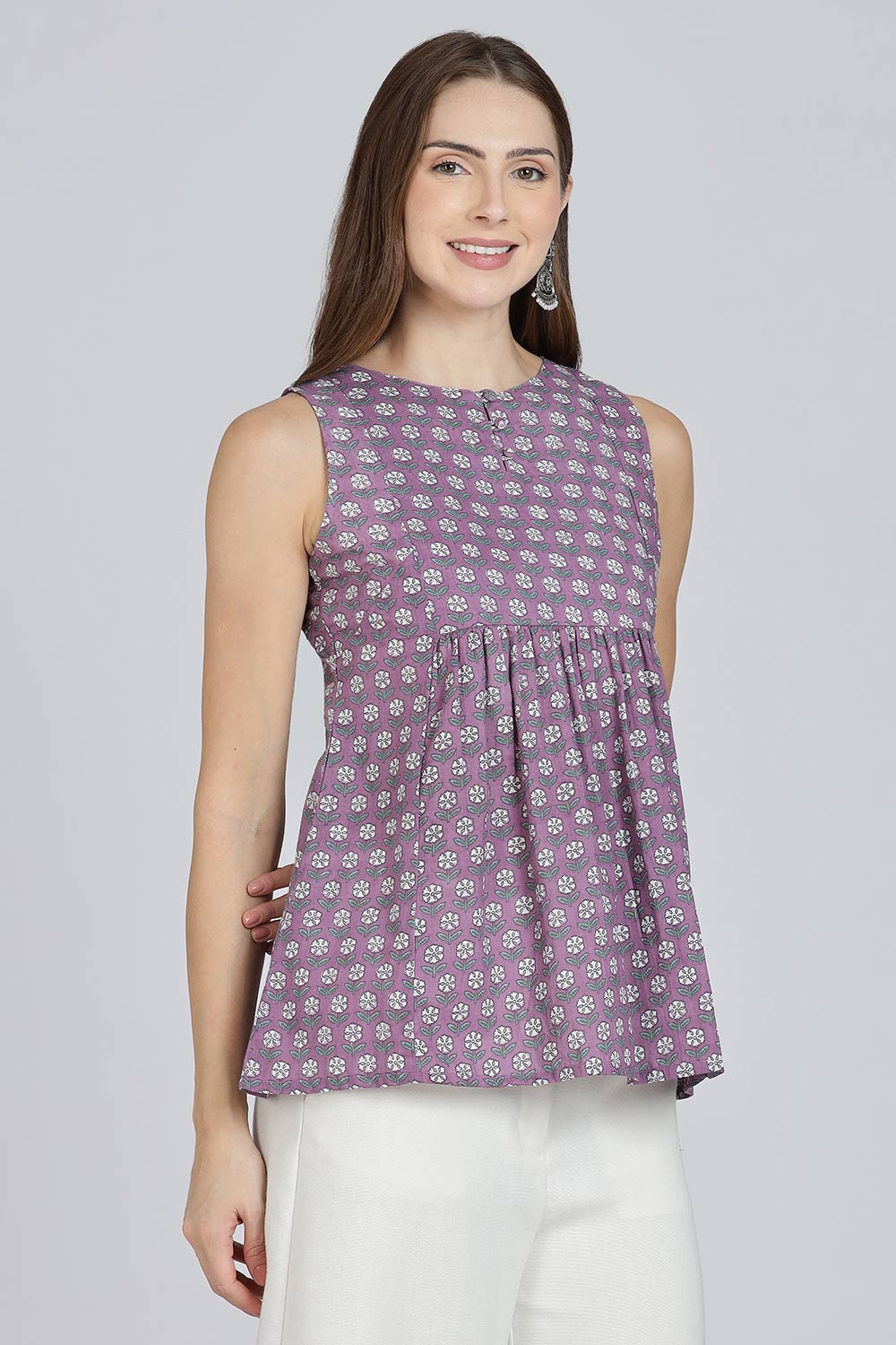 Mythri Women’s Cotton A-Line Casual Top | Floral Butta Print Sleeveless Top with Potli Button V-Slit Neck - TO37