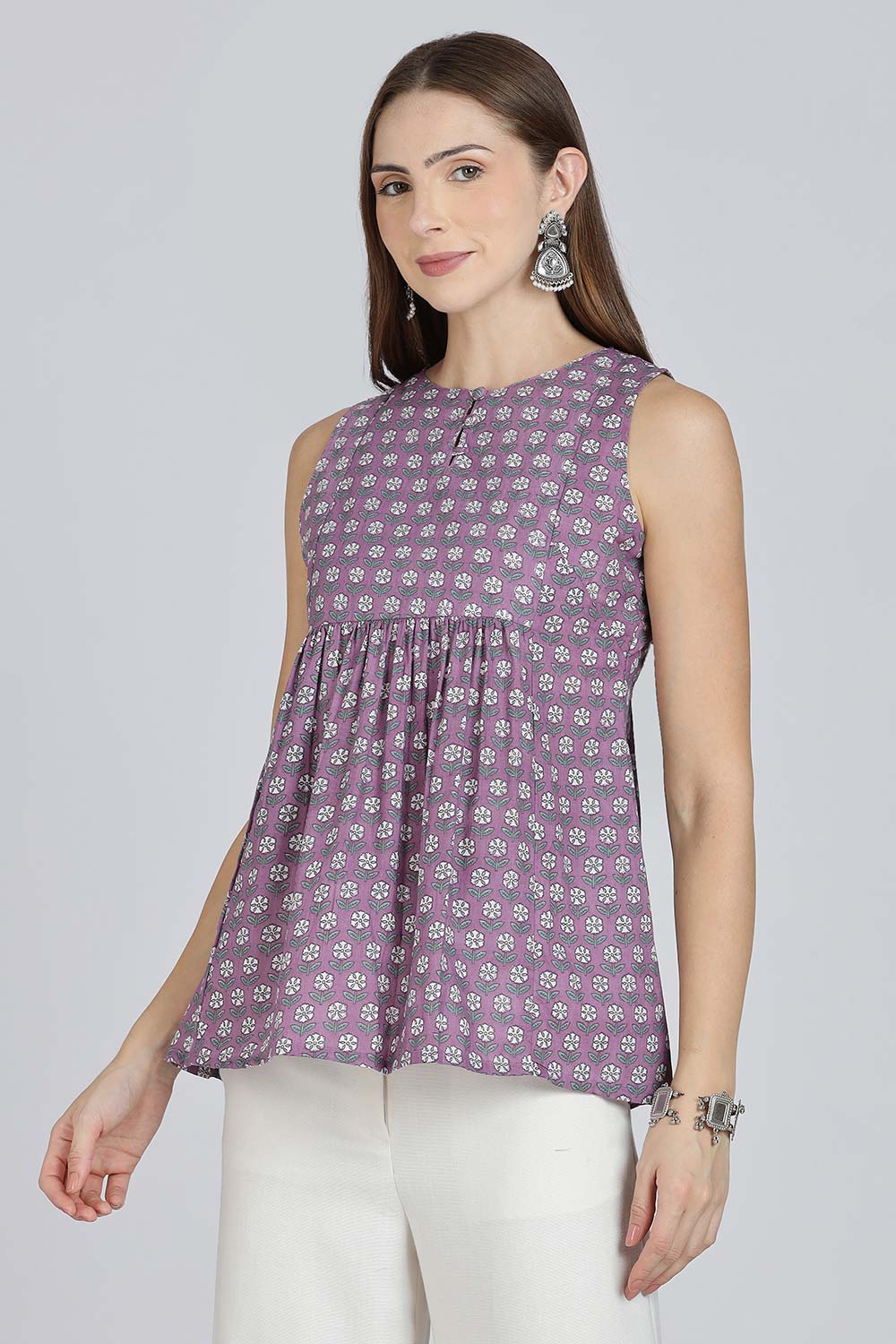 Mythri Women’s Cotton A-Line Casual Top | Floral Butta Print Sleeveless Top with Potli Button V-Slit Neck - TO37