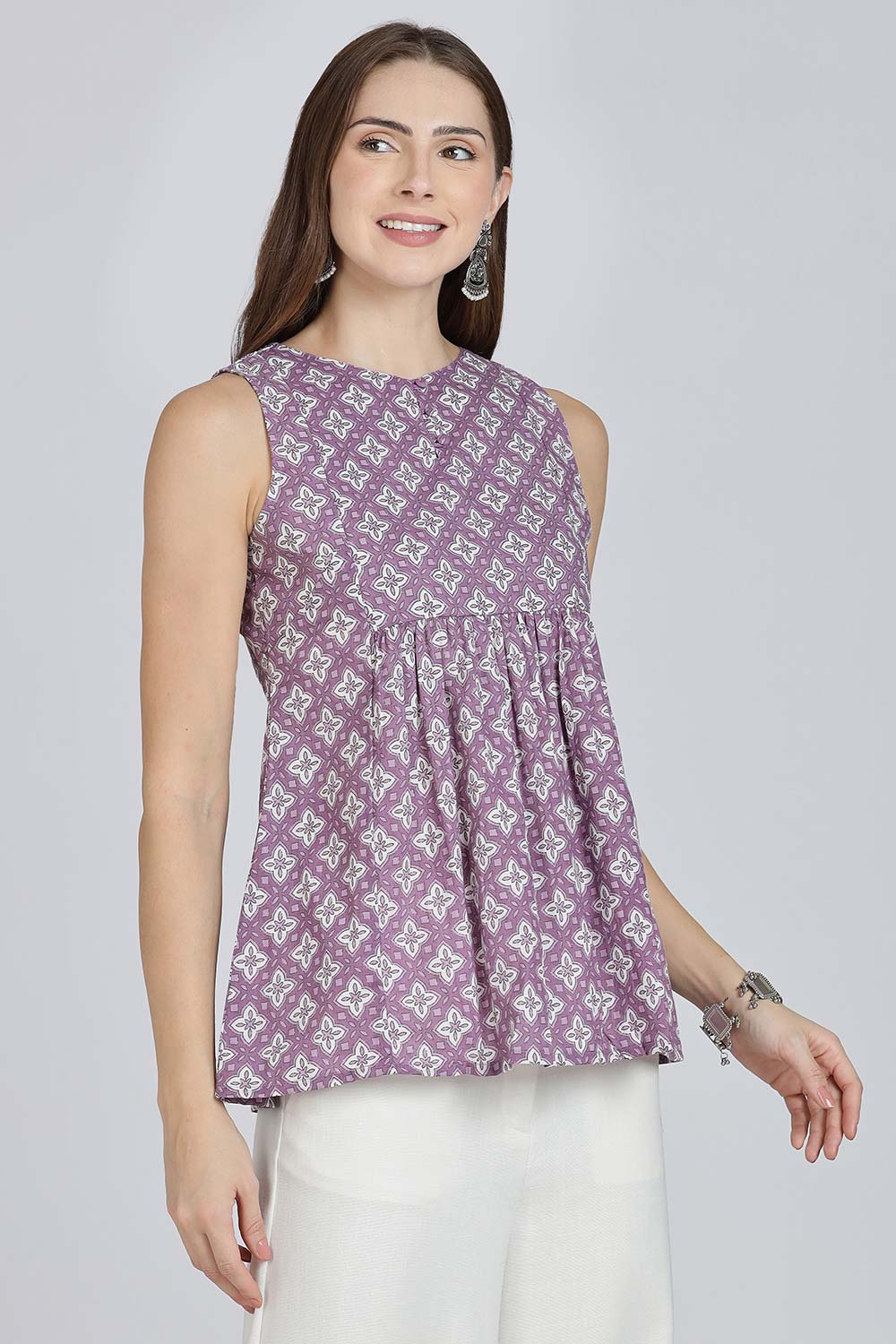 Mythri Women’s Cotton A-Line Casual Top | Floral Butta Print Sleeveless Top with Potli Button V-Slit Neck - TO37