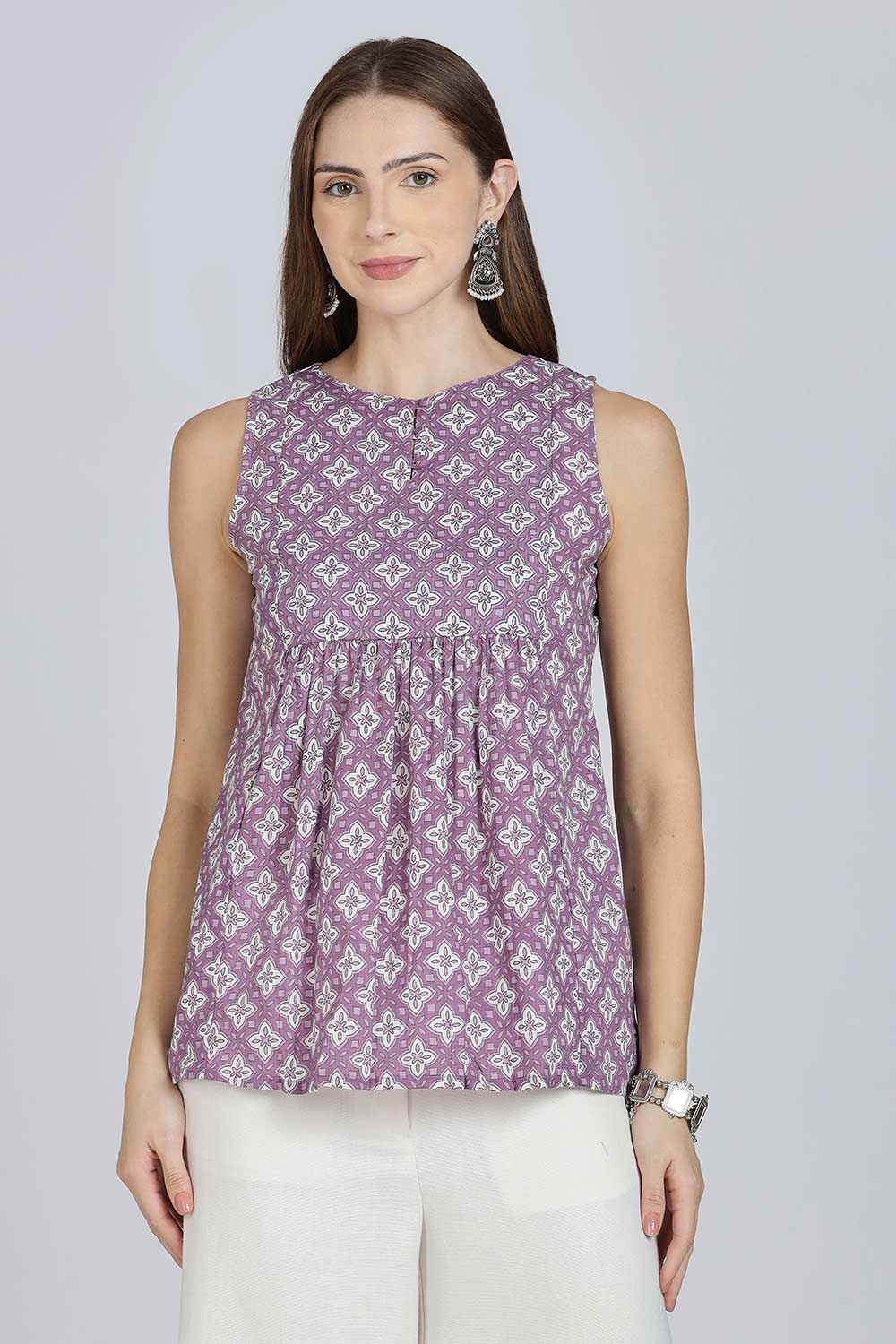 Mythri Women’s Cotton A-Line Casual Top | Floral Butta Print Sleeveless Top with Potli Button V-Slit Neck - TO37