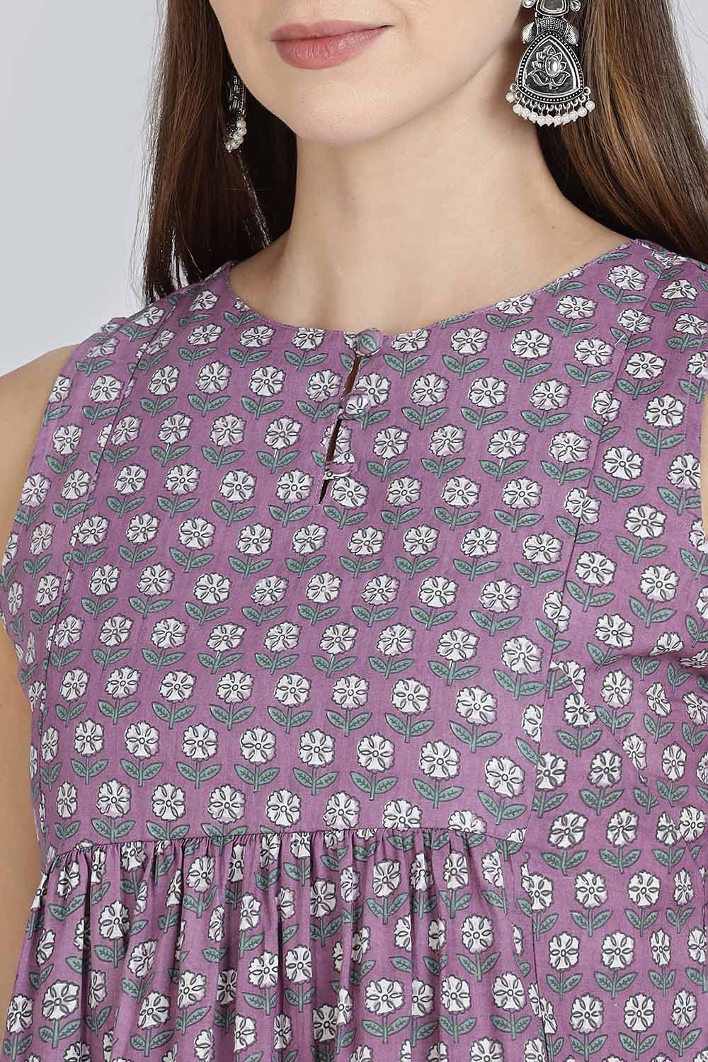 Mythri Women’s Cotton A-Line Casual Top | Floral Butta Print Sleeveless Top with Potli Button V-Slit Neck - TO37