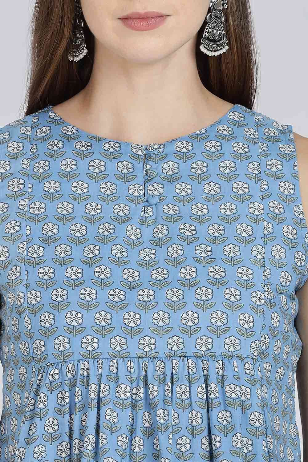 Mythri Women’s Cotton A-Line Casual Top | Floral Butta Print Sleeveless Top with Potli Button V-Slit Neck - TO37