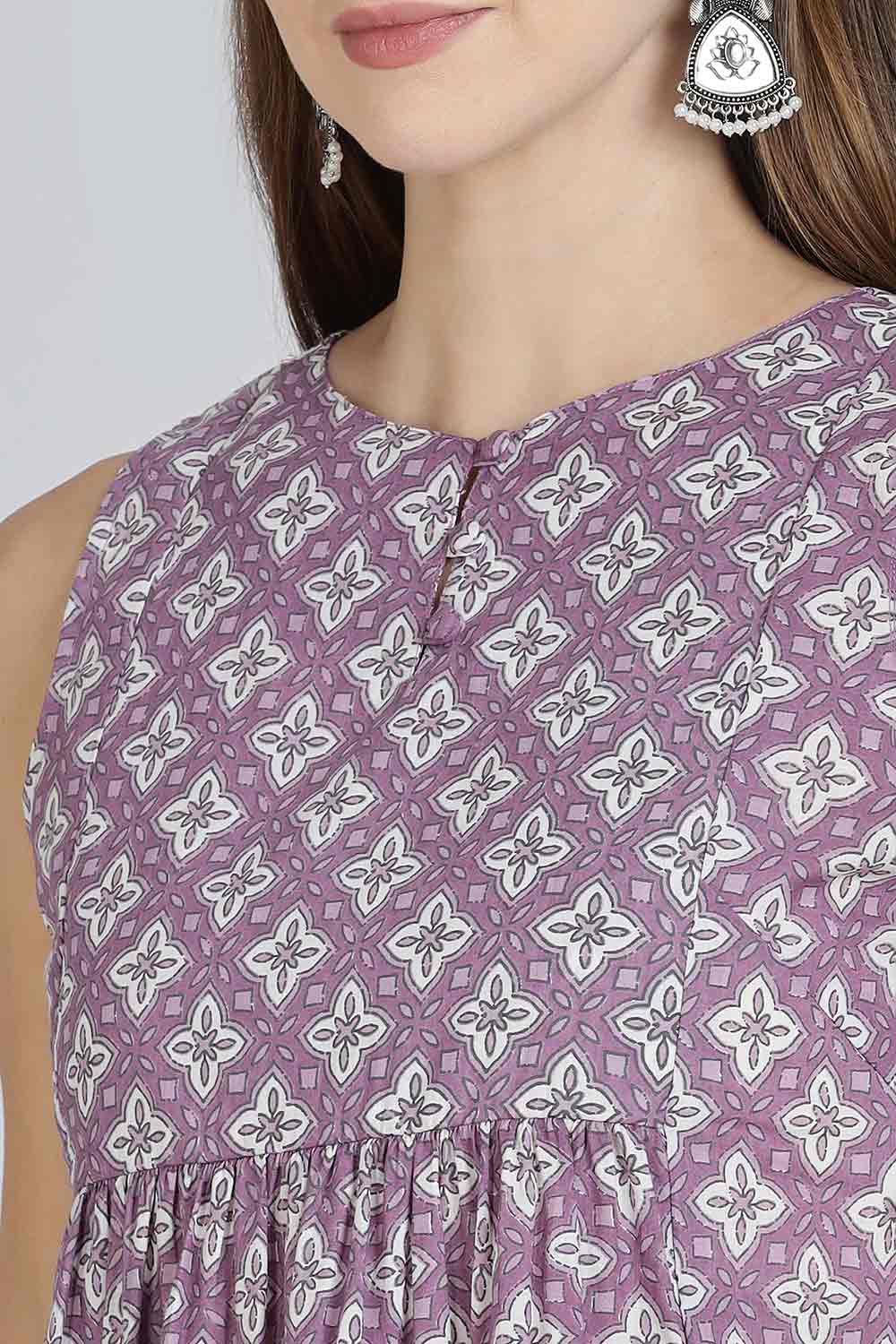 Mythri Women’s Cotton A-Line Casual Top | Floral Butta Print Sleeveless Top with Potli Button V-Slit Neck - TO37