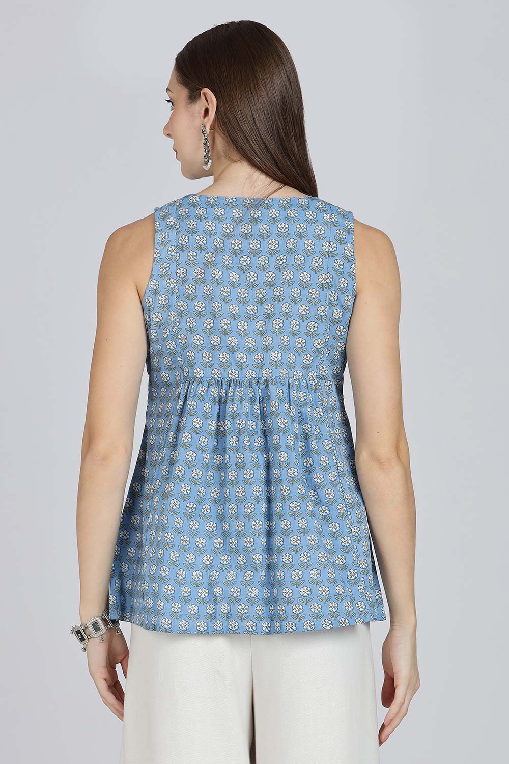 Mythri Women’s Cotton A-Line Casual Top | Floral Butta Print Sleeveless Top with Potli Button V-Slit Neck - TO37