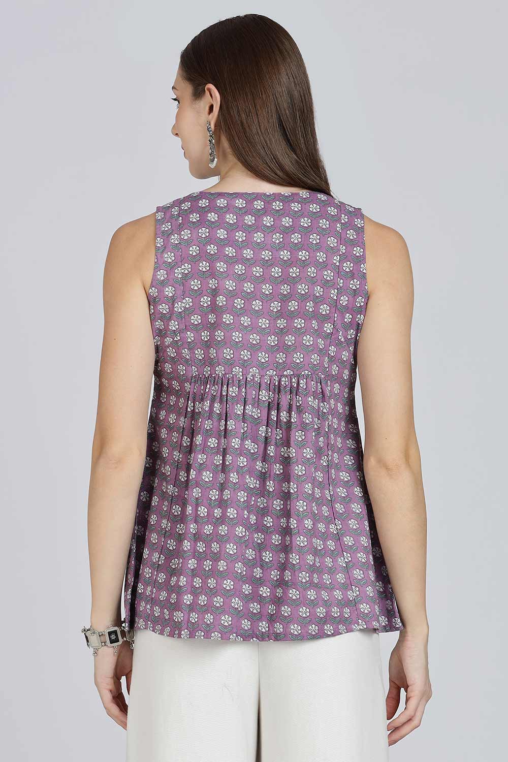 Mythri Women’s Cotton A-Line Casual Top | Floral Butta Print Sleeveless Top with Potli Button V-Slit Neck - TO37