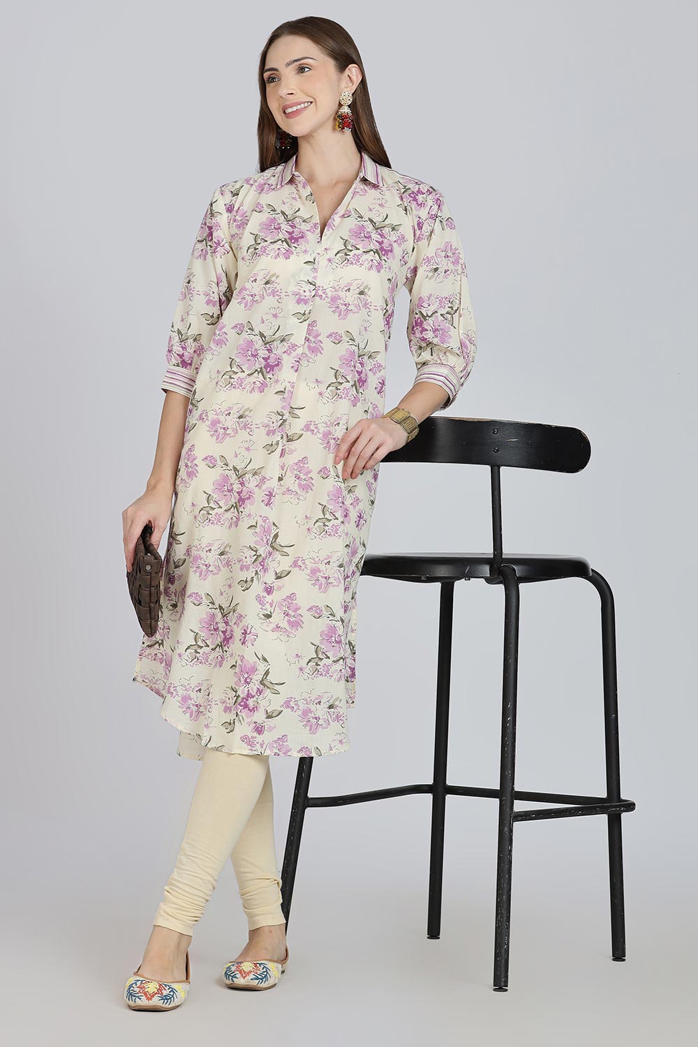 Mythri Women’s Cotton Anti-Fit Kurti | Mix & Match Stripe and Floral Print Kurta with Center Inverted Pleat for Everyday Wear - Purple - K119