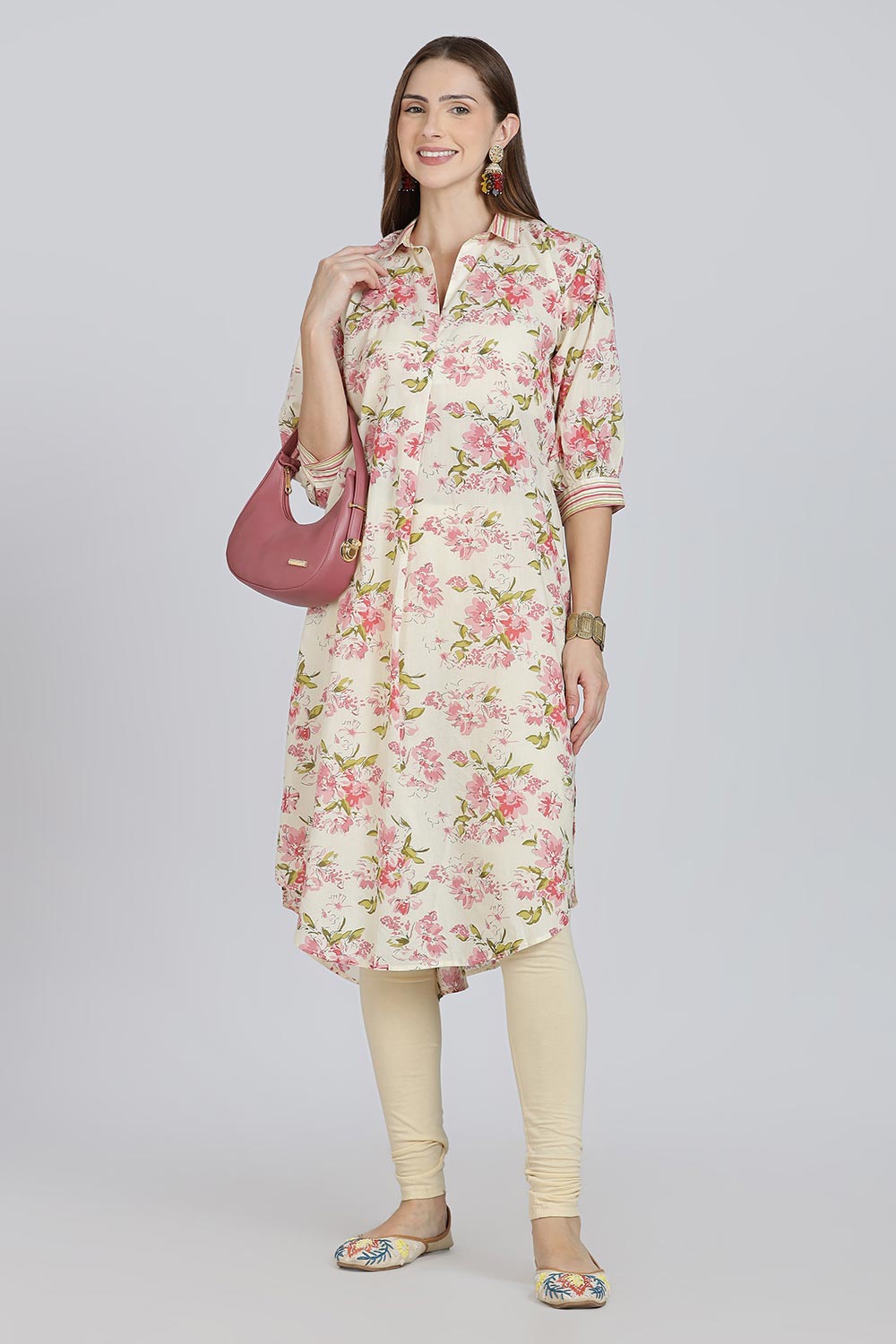 Mythri Women’s Cotton Anti-Fit Kurti | Mix & Match Stripe and Floral Print Kurta with Center Inverted Pleat for Everyday Wear - Pink - K119
