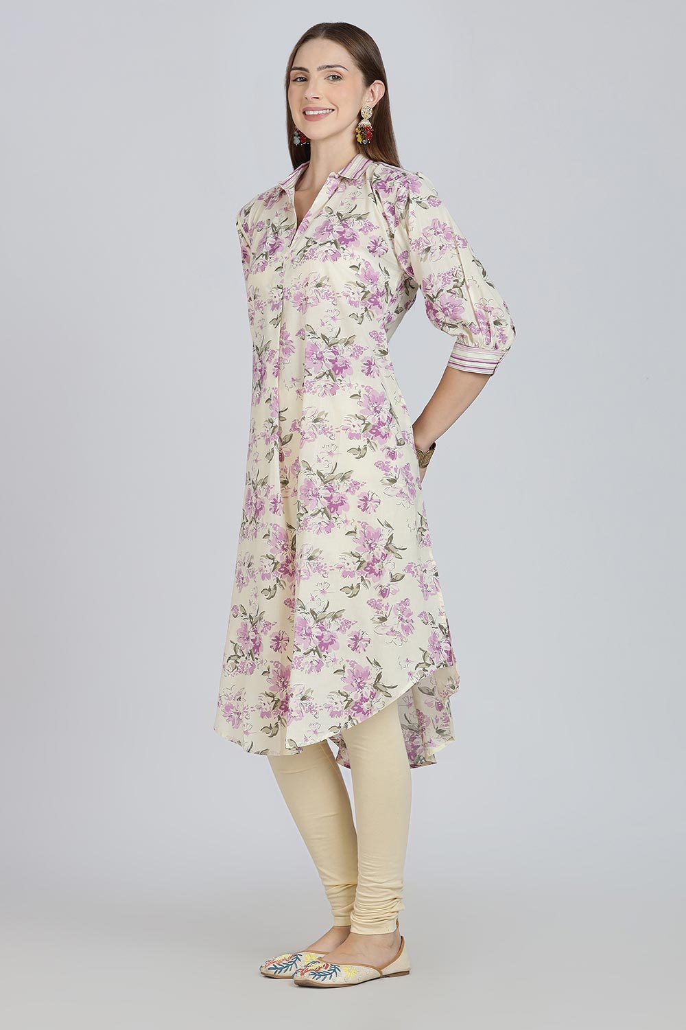 Mythri Women’s Cotton Anti-Fit Kurti | Mix & Match Stripe and Floral Print Kurta with Center Inverted Pleat for Everyday Wear - Purple - K119