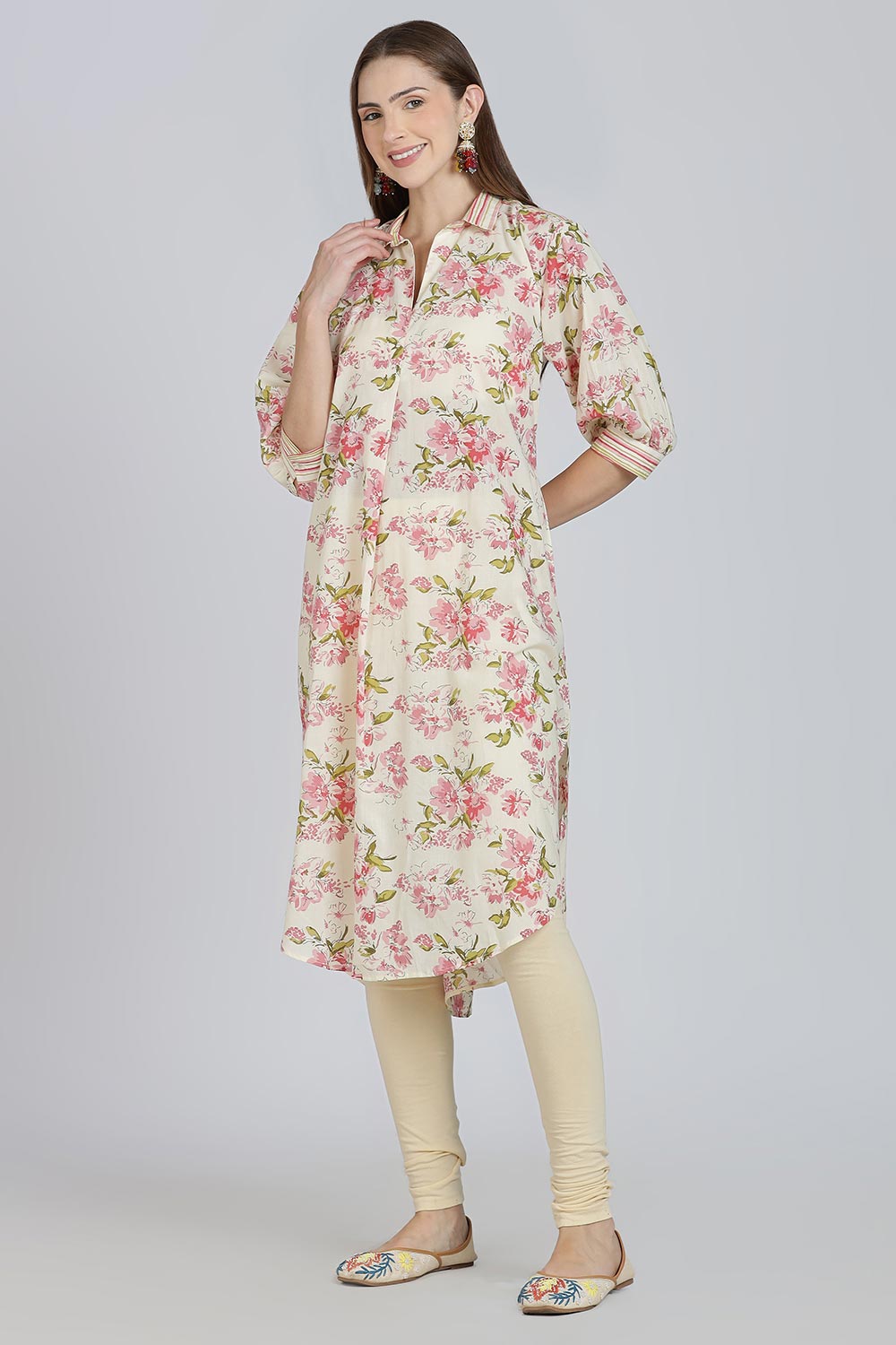 Mythri Women’s Cotton Anti-Fit Kurti | Mix & Match Stripe and Floral Print Kurta with Center Inverted Pleat for Everyday Wear - Pink - K119