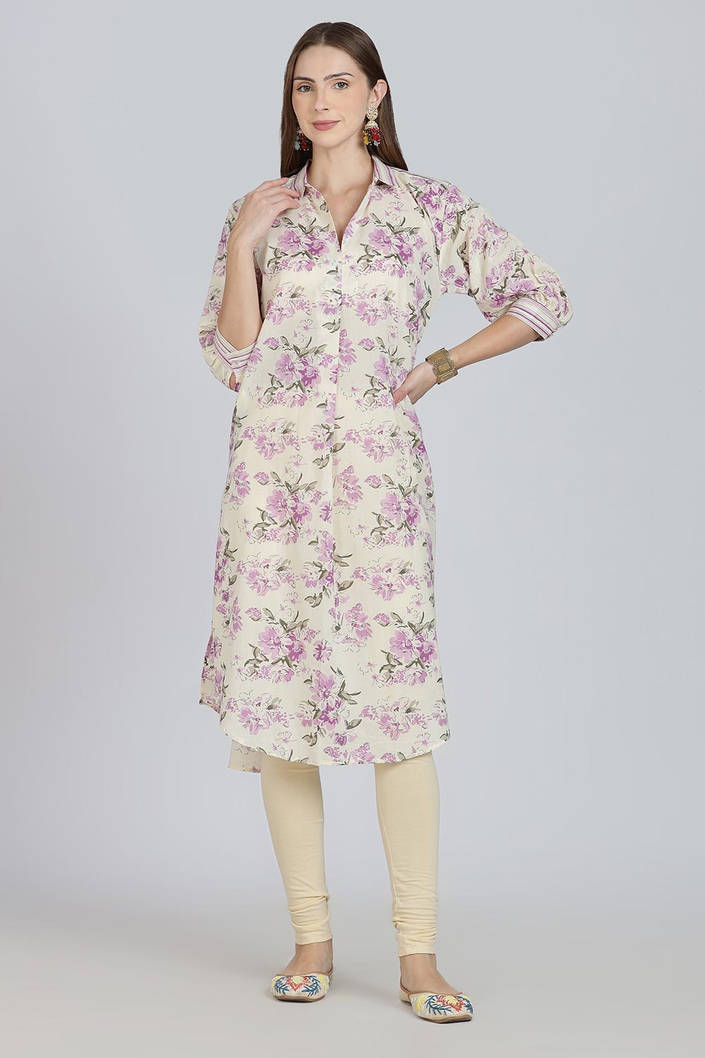 Mythri Women’s Cotton Anti-Fit Kurti | Mix & Match Stripe and Floral Print Kurta with Center Inverted Pleat for Everyday Wear - Purple - K119