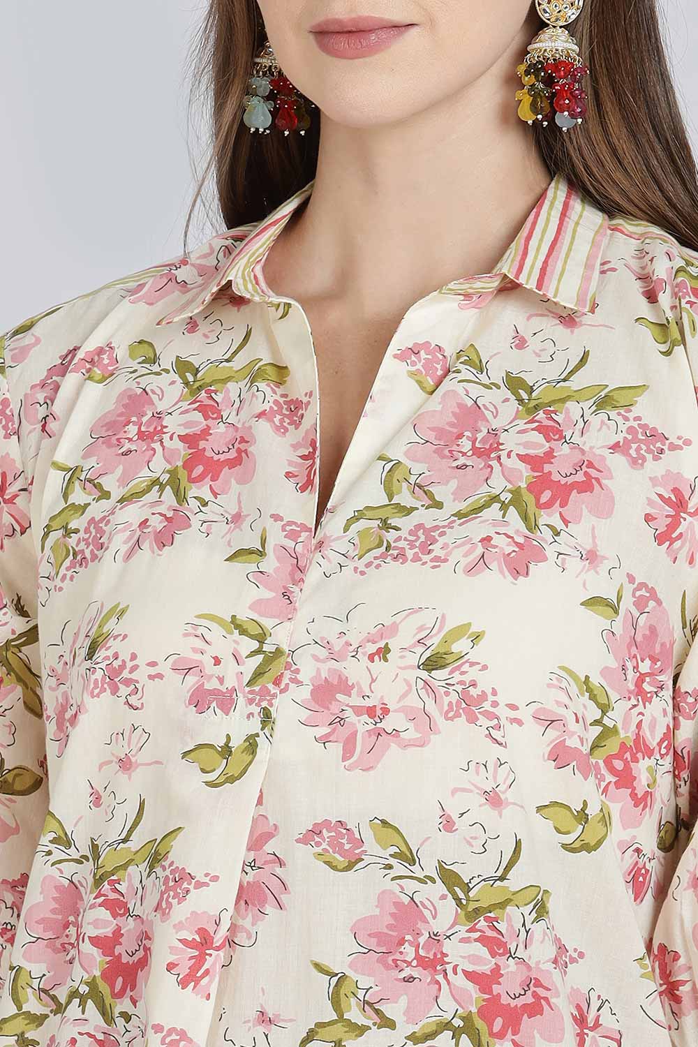 Mythri Women’s Cotton Anti-Fit Kurti | Mix & Match Stripe and Floral Print Kurta with Center Inverted Pleat for Everyday Wear - Pink - K119