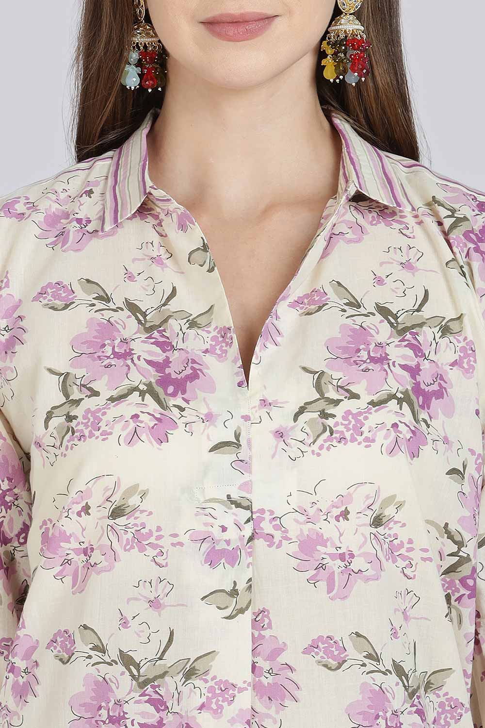 Mythri Women’s Cotton Anti-Fit Kurti | Mix & Match Stripe and Floral Print Kurta with Center Inverted Pleat for Everyday Wear - Purple - K119