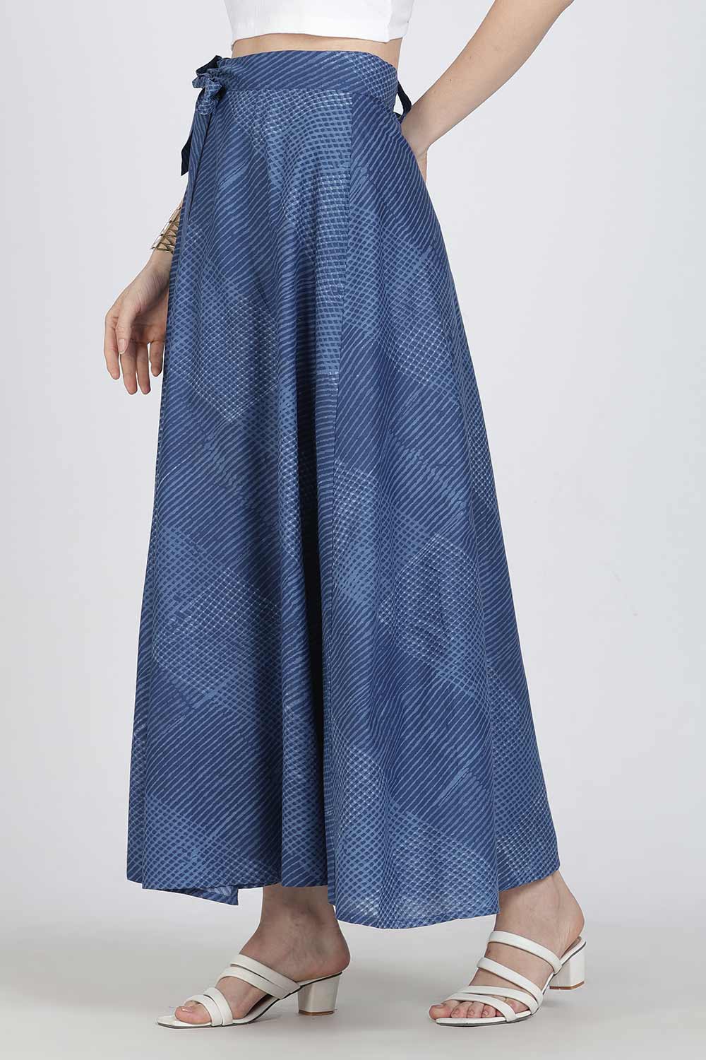 Mythri Women’s Cotton Blend Geometric Printed Wrap Skirt | Tie-Up Closure, Everyday Wear - Blue -1 - SK07