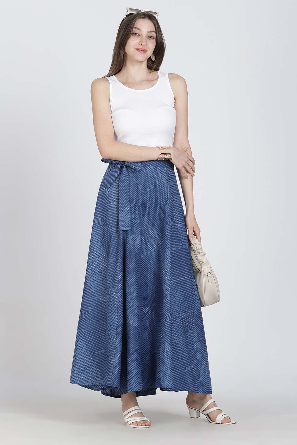 Mythri Women’s Cotton Blend Geometric Printed Wrap Skirt | Tie-Up Closure, Everyday Wear - Blue -1 - SK07