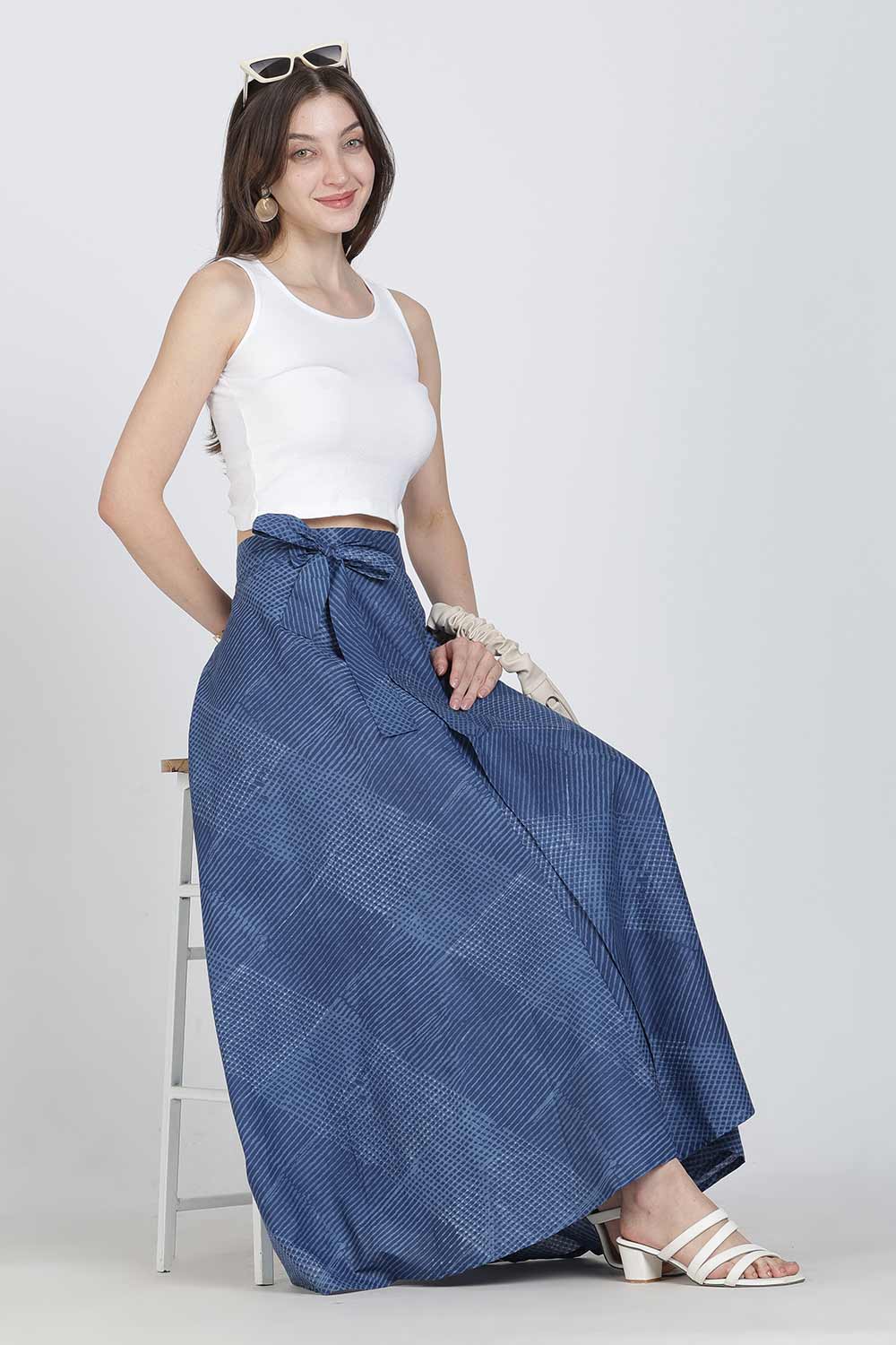 Mythri Women’s Cotton Blend Geometric Printed Wrap Skirt | Tie-Up Closure, Everyday Wear - Blue -1 - SK07