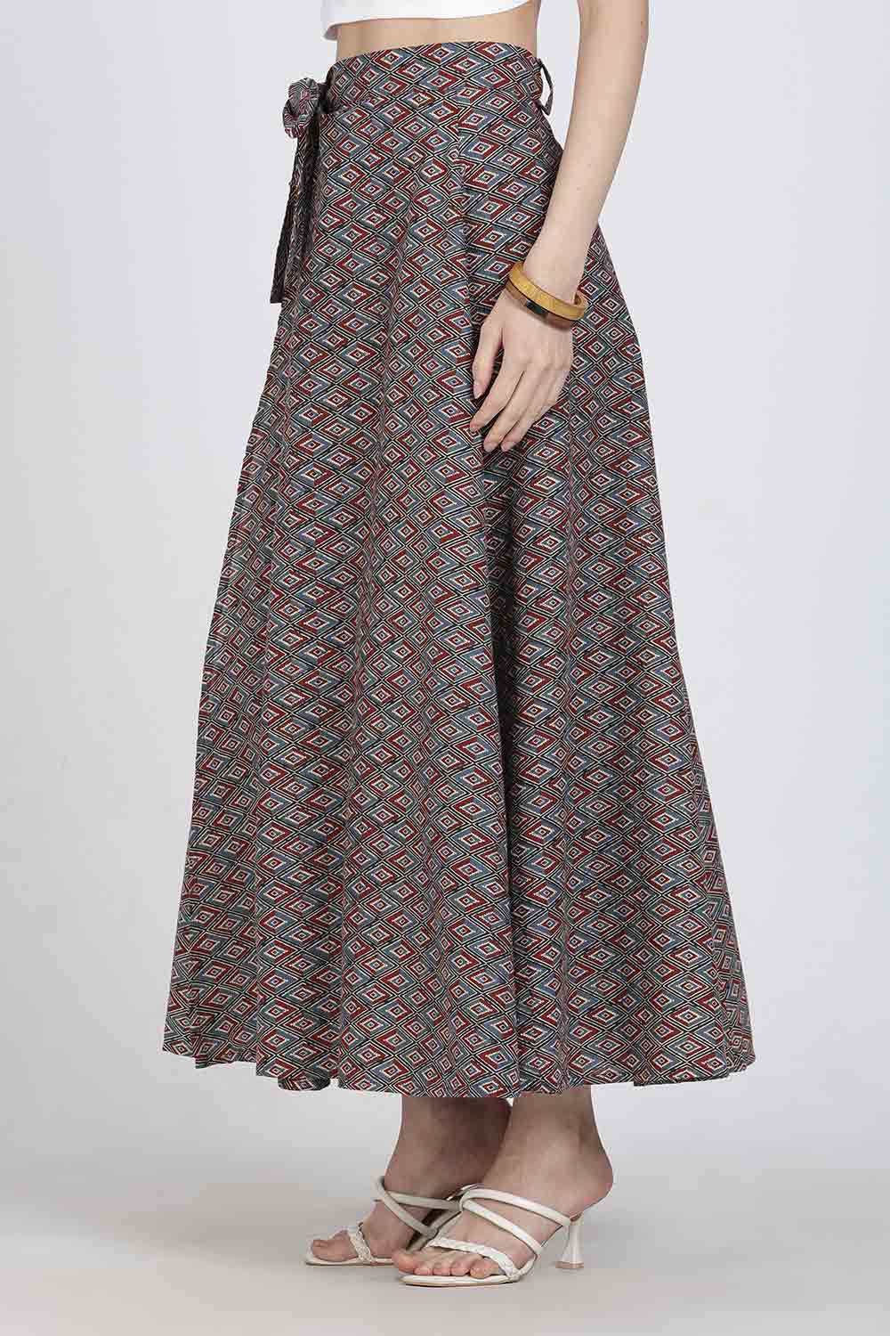 Mythri Women’s Cotton Blend Geometric Printed Wrap Skirt | Tie-Up Closure, Everyday Wear - Red -1 - SK07