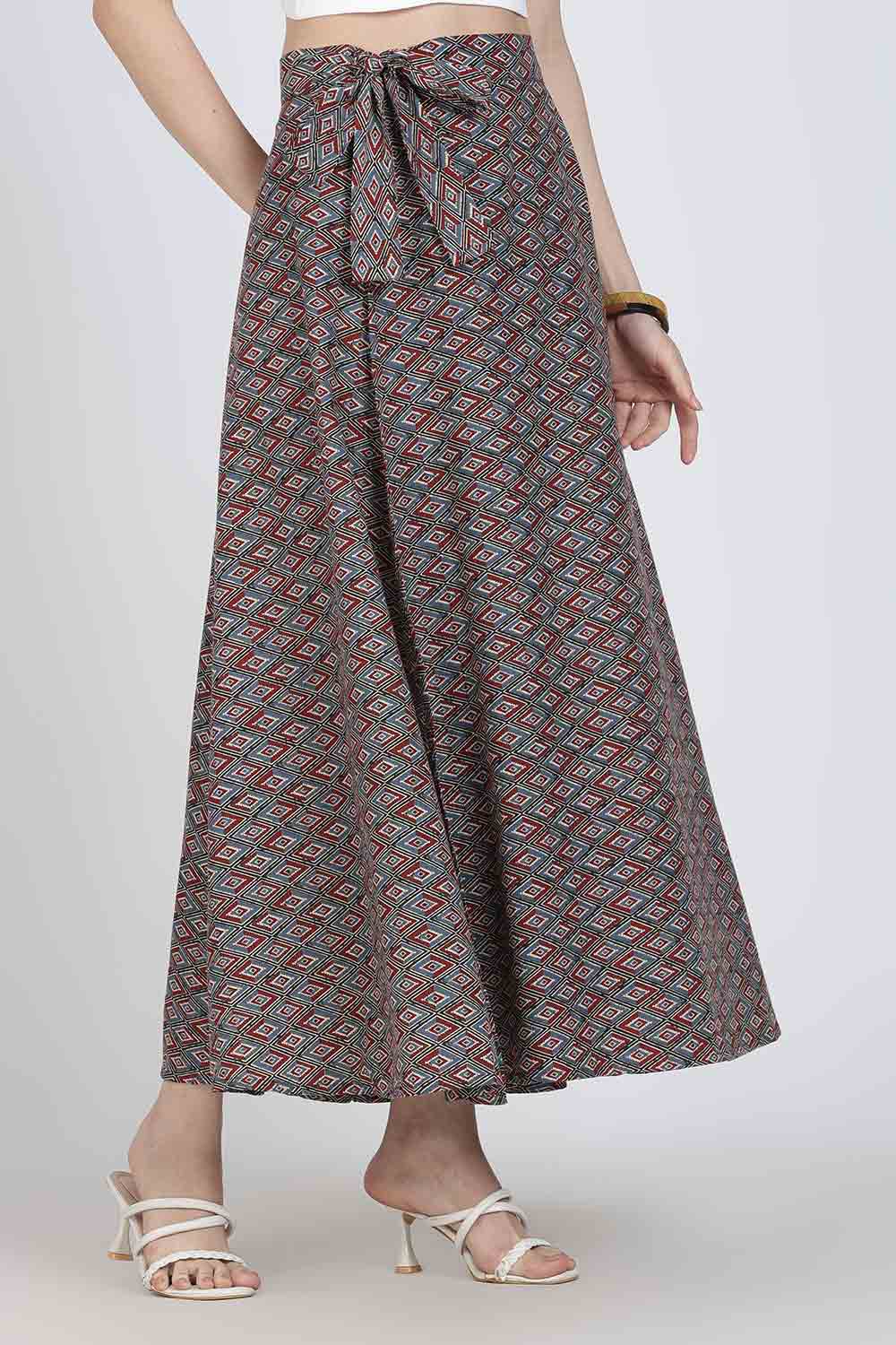 Mythri Women’s Cotton Blend Geometric Printed Wrap Skirt | Tie-Up Closure, Everyday Wear - Red -1 - SK07