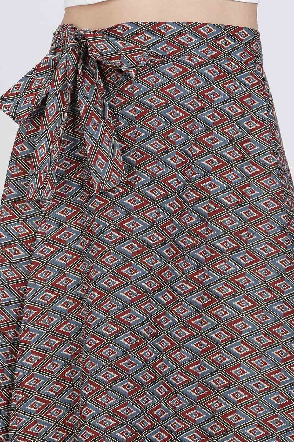 Mythri Women’s Cotton Blend Geometric Printed Wrap Skirt | Tie-Up Closure, Everyday Wear - Red -1 - SK07