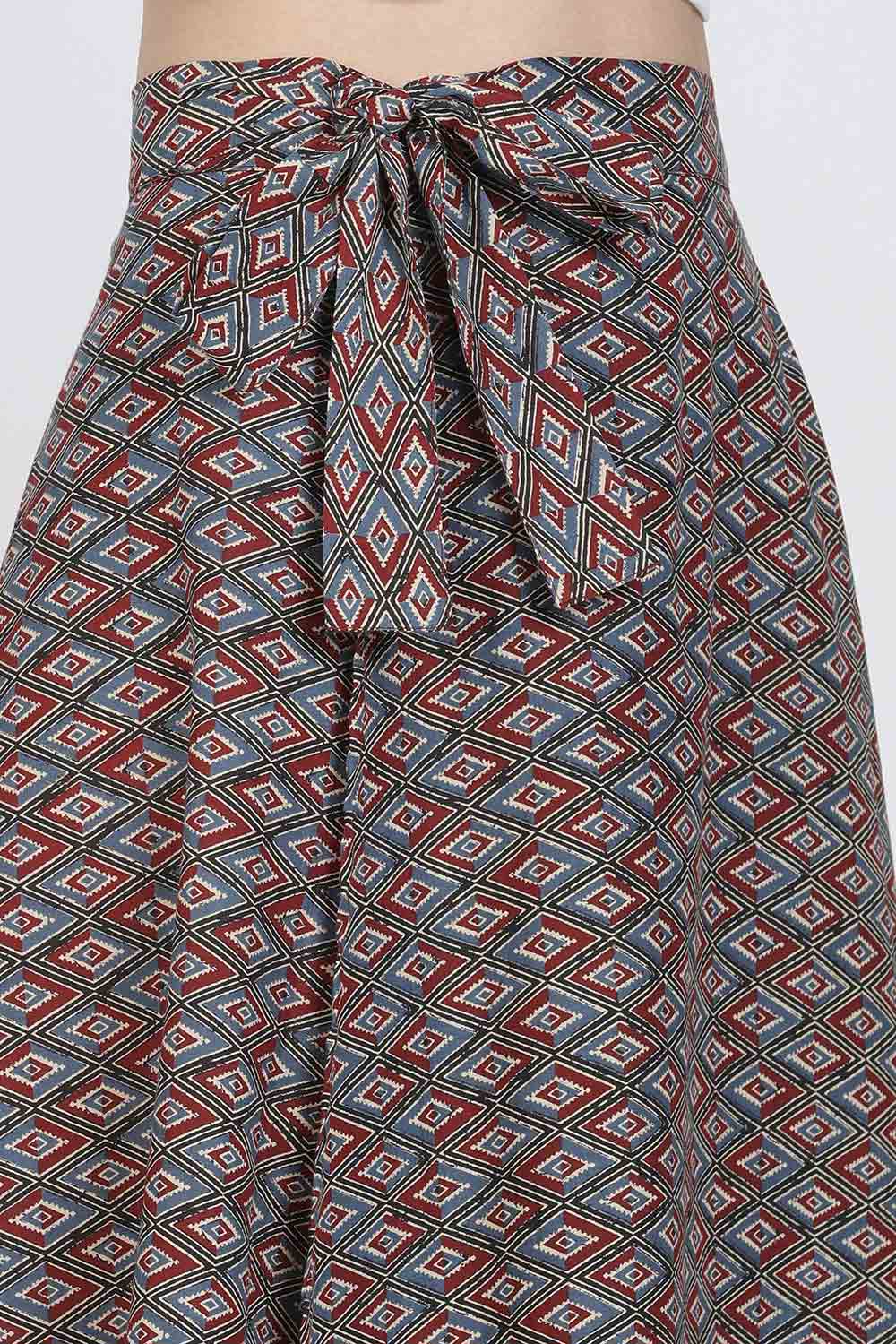Mythri Women’s Cotton Blend Geometric Printed Wrap Skirt | Tie-Up Closure, Everyday Wear - Red -1 - SK07