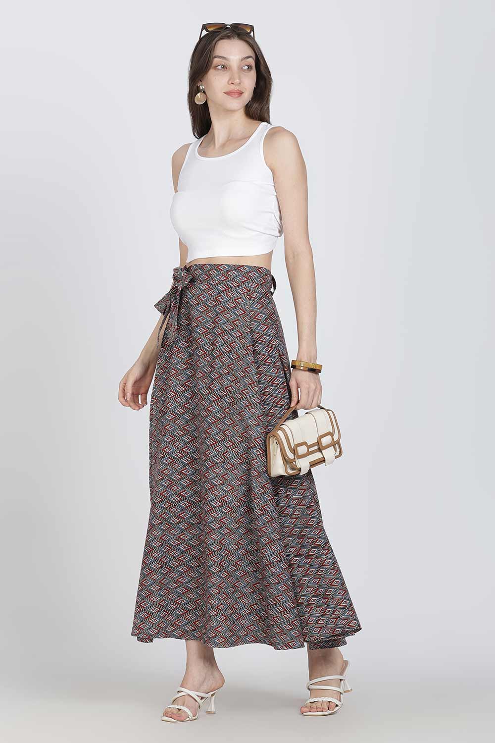 Mythri Women’s Cotton Blend Geometric Printed Wrap Skirt | Tie-Up Closure, Everyday Wear - Red -1 - SK07