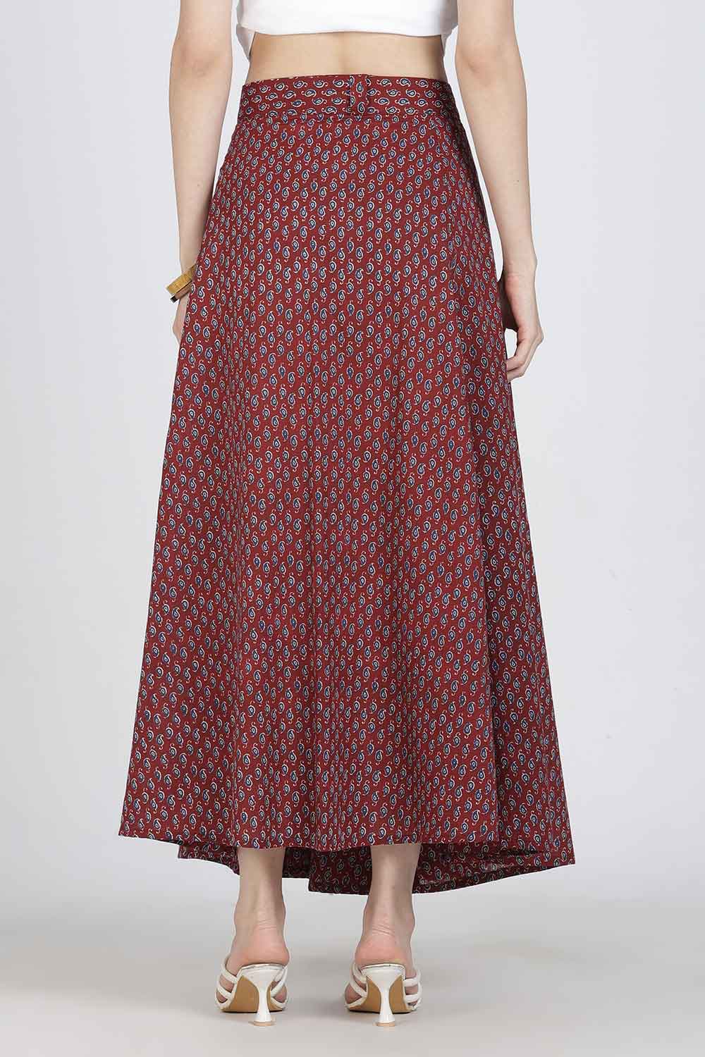Mythri Women’s Cotton Blend Geometric Printed Wrap Skirt | Tie-Up Closure, Everyday Wear - Red -2 - SK07