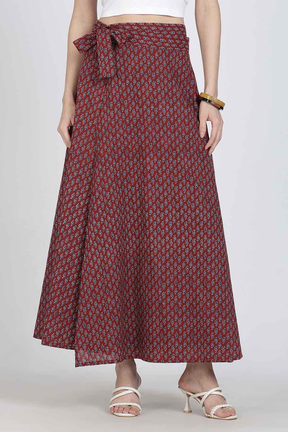 Mythri Women’s Cotton Blend Geometric Printed Wrap Skirt | Tie-Up Closure, Everyday Wear - Red -2 - SK07