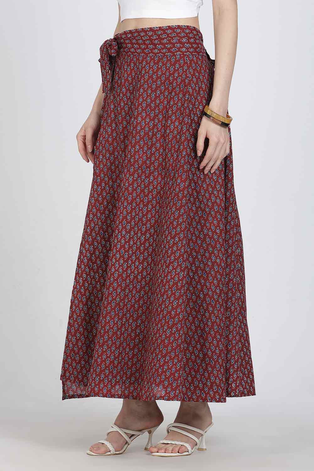 Mythri Women’s Cotton Blend Geometric Printed Wrap Skirt | Tie-Up Closure, Everyday Wear - Red -2 - SK07