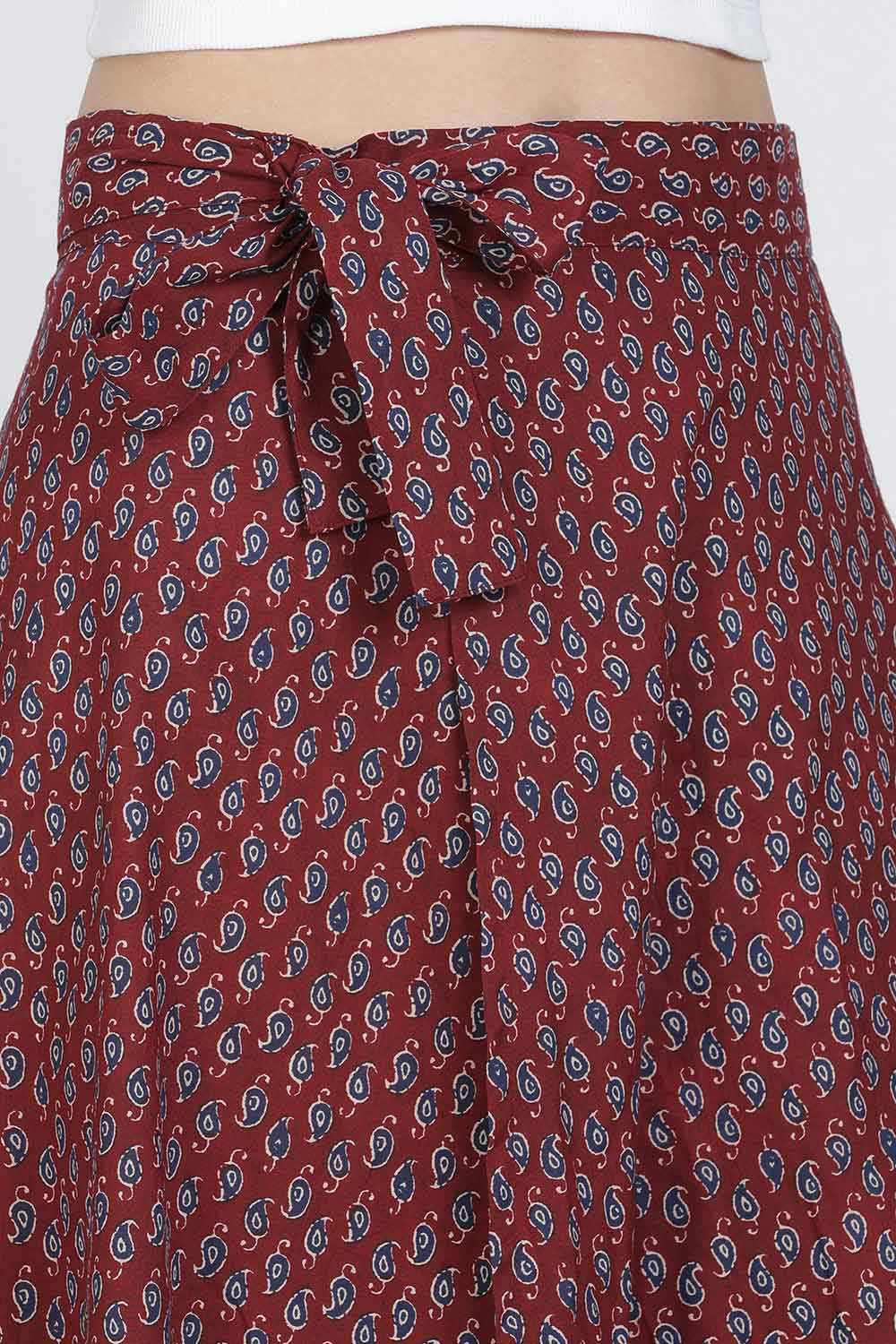 Mythri Women’s Cotton Blend Geometric Printed Wrap Skirt | Tie-Up Closure, Everyday Wear - Red -2 - SK07