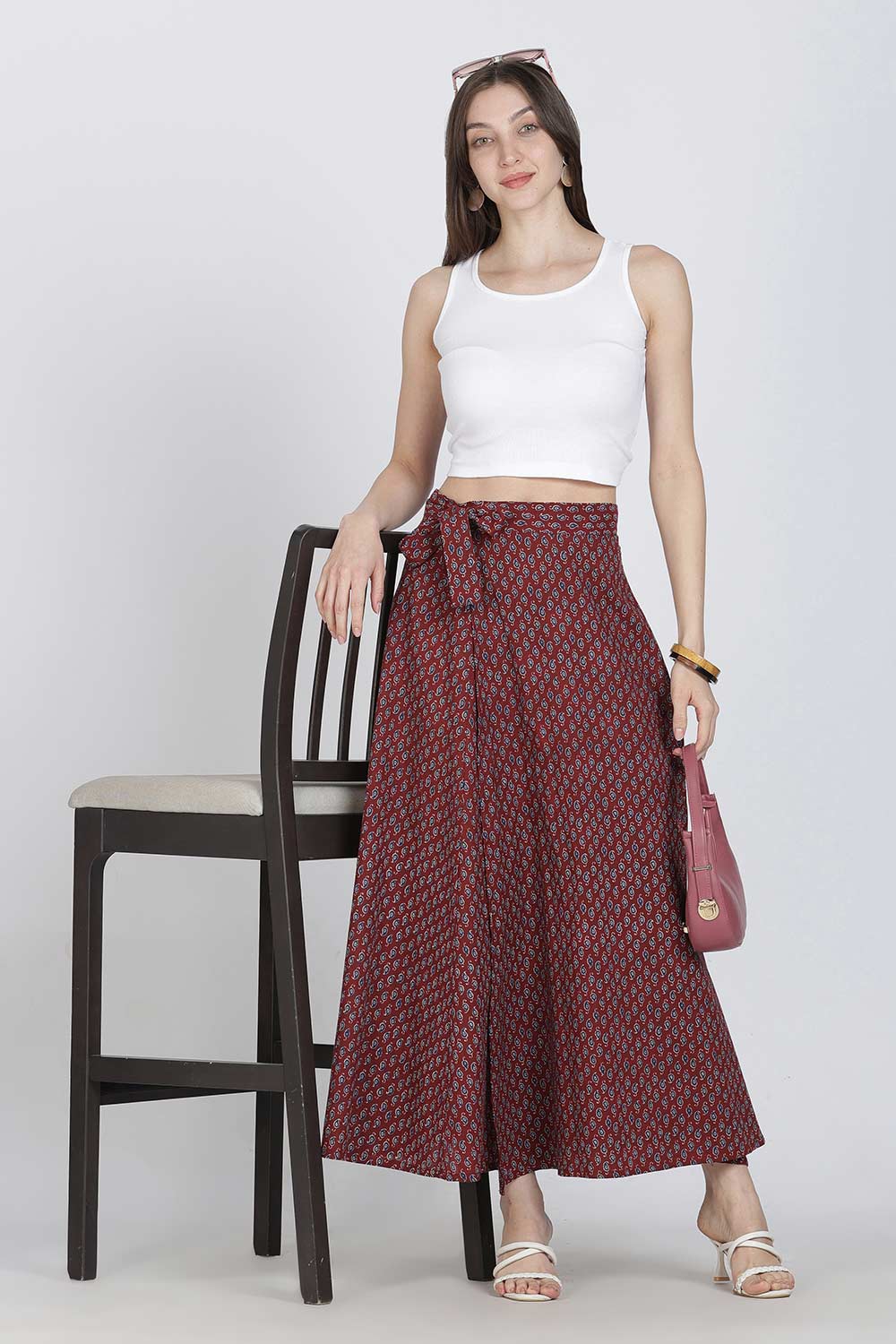 Mythri Women’s Cotton Blend Geometric Printed Wrap Skirt | Tie-Up Closure, Everyday Wear - Red -2 - SK07