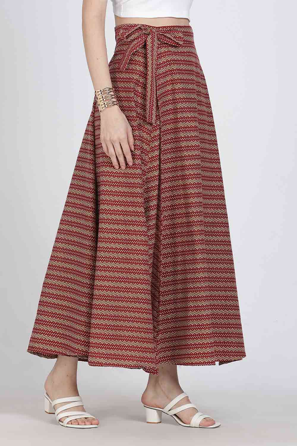 Mythri Women’s Cotton Blend Geometric Printed Wrap Skirt | Tie-Up Closure, Everyday Wear - Red -3 - SK07