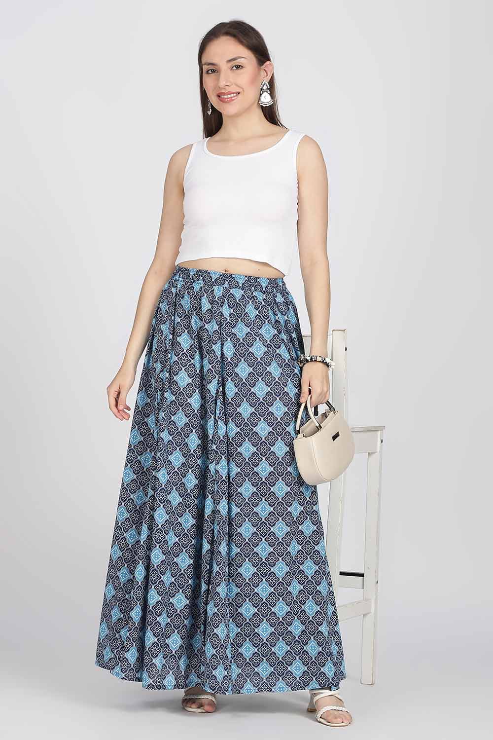 Mythri Women’s Cotton Blend Jaipur Print Skirt | Free Size Woven Full Skirt for Everyday Wear - Navy Blue - SK05