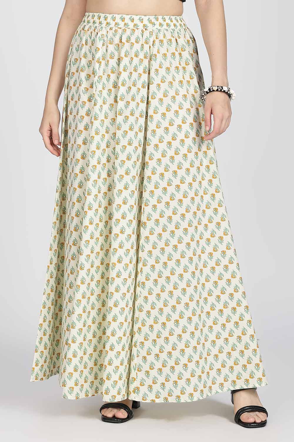 Mythri Women’s Cotton Blend Jaipur Print Skirt | Free Size Woven Full Skirt for Everyday Wear - Yellow - SK05
