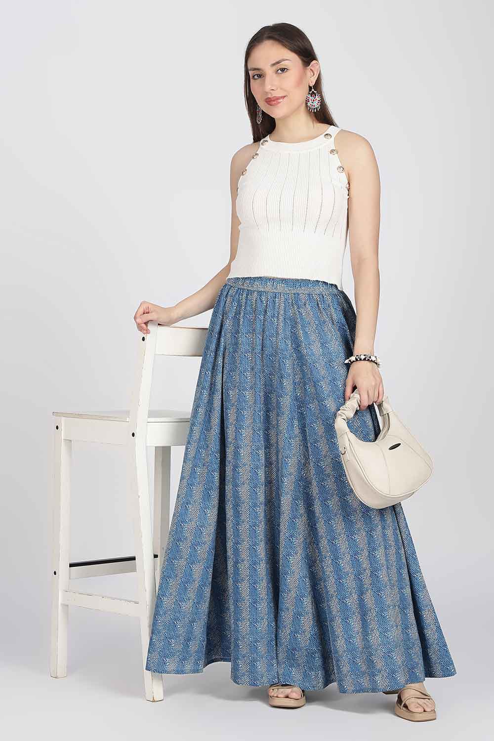 Mythri Women’s Cotton Blend Jaipur Print Skirt | Free Size Woven Full Skirt for Everyday Wear - Blue - SK05