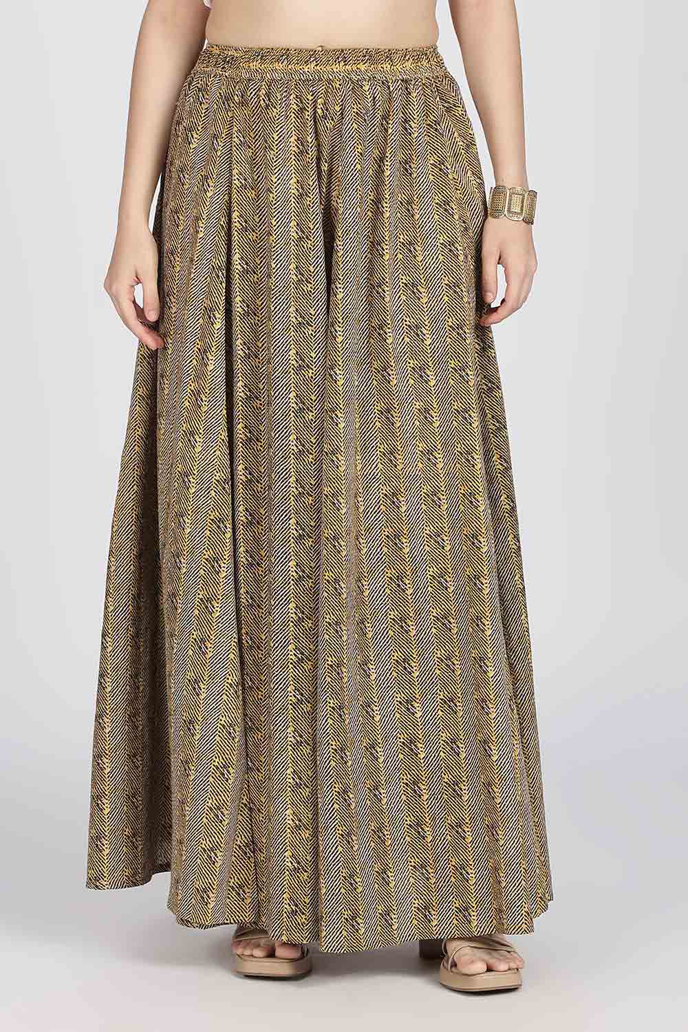 Mythri Women’s Cotton Blend Jaipur Print Skirt | Free Size Woven Full Skirt for Everyday Wear - Mustard - SK05