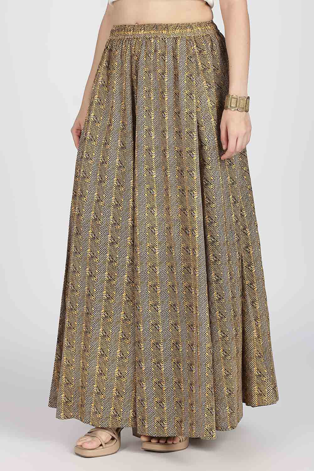 Mythri Women’s Cotton Blend Jaipur Print Skirt | Free Size Woven Full Skirt for Everyday Wear - Mustard - SK05