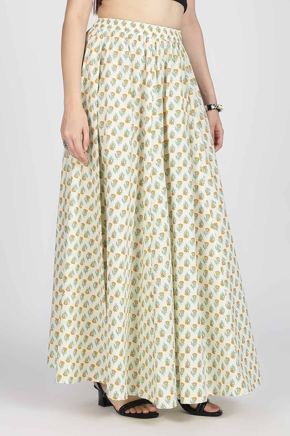 Mythri Women’s Cotton Blend Jaipur Print Skirt | Free Size Woven Full Skirt for Everyday Wear - Yellow - SK05